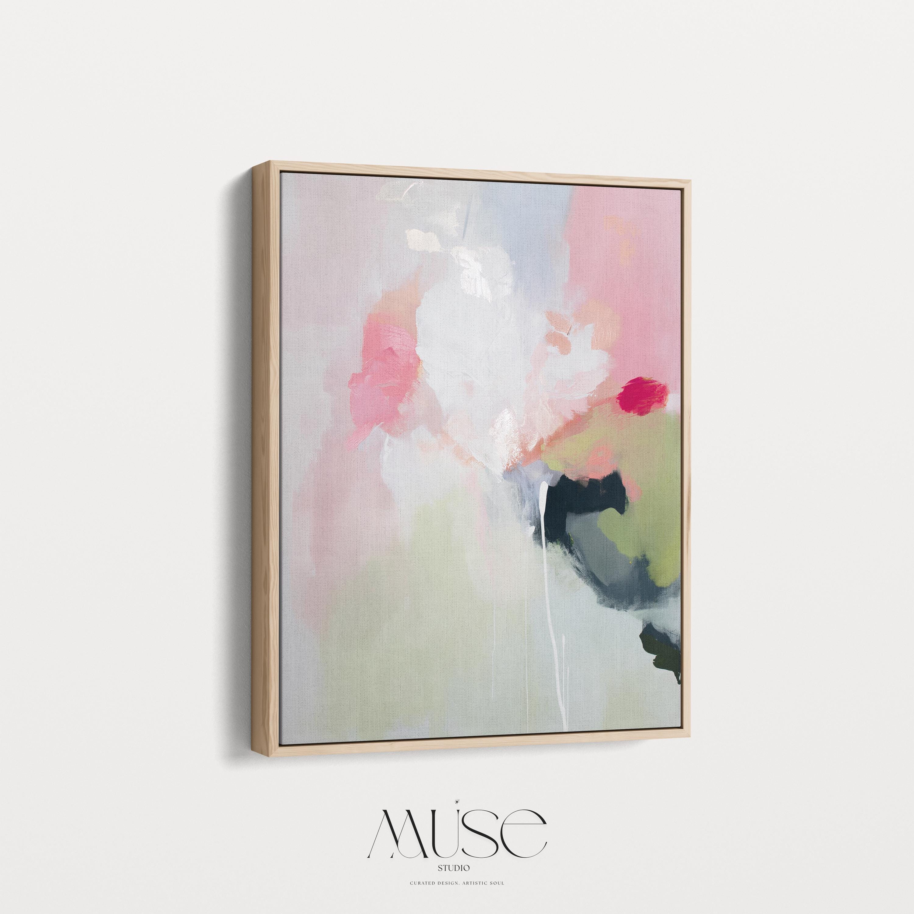 Vertical abstract canvas wall art featuring blush pink, soft green, and muted pastel tones in a warm minimalist style. This artwork offers a serene and calming presence, ideal for bedrooms, living rooms, or entryways. Designed for layered, neutral interiors, it blends easily with contemporary and designer home decor. Available as a gallery-wrapped canvas, framed canvas, or fine art poster print for curated boutique styling.