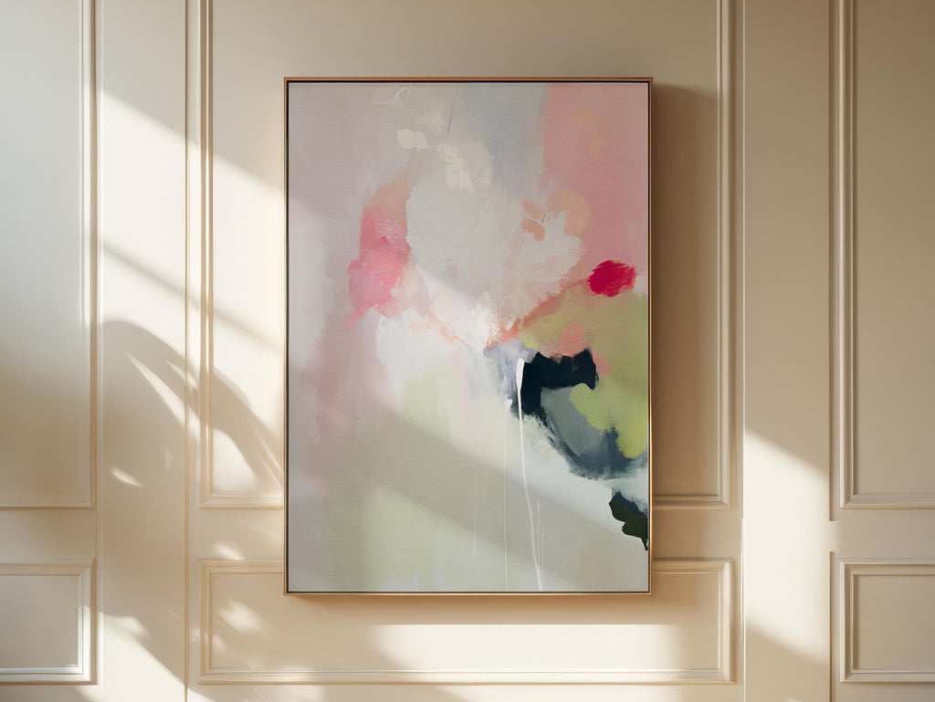 Vertical abstract canvas wall art featuring blush pink, soft green, and muted pastel tones in a warm minimalist style. This artwork offers a serene and calming presence, ideal for bedrooms, living rooms, or entryways. Designed for layered, neutral interiors, it blends easily with contemporary and designer home decor. Available as a gallery-wrapped canvas, framed canvas, or fine art poster print for curated boutique styling.