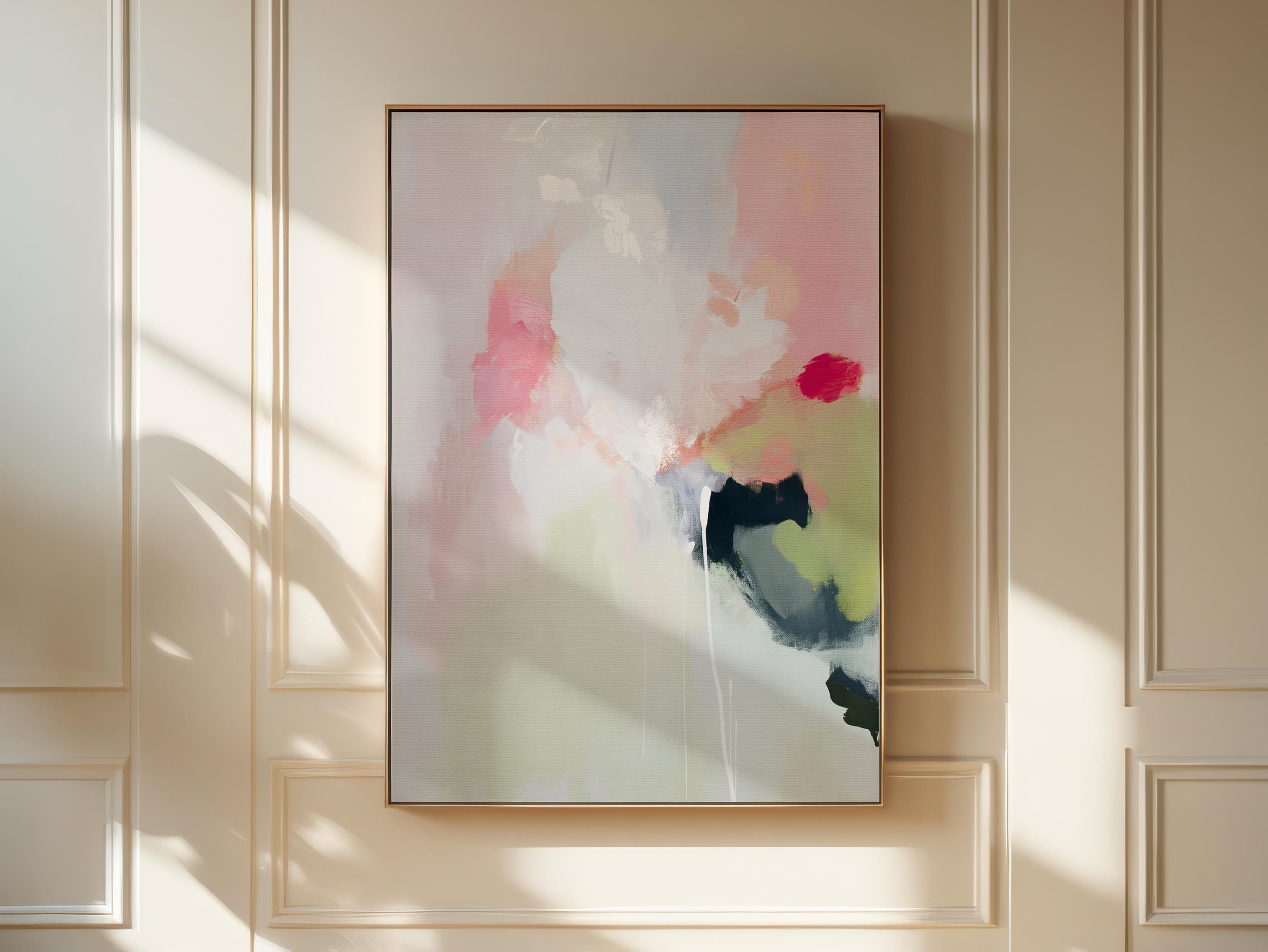 Vertical abstract canvas wall art featuring blush pink, soft green, and muted pastel tones in a warm minimalist style. This artwork offers a serene and calming presence, ideal for bedrooms, living rooms, or entryways. Designed for layered, neutral interiors, it blends easily with contemporary and designer home decor. Available as a gallery-wrapped canvas, framed canvas, or fine art poster print for curated boutique styling.