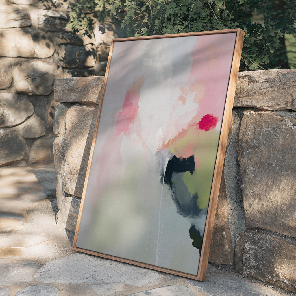 Vertical abstract canvas wall art featuring blush pink, soft green, and muted pastel tones in a warm minimalist style. This artwork offers a serene and calming presence, ideal for bedrooms, living rooms, or entryways. Designed for layered, neutral interiors, it blends easily with contemporary and designer home decor. Available as a gallery-wrapped canvas, framed canvas, or fine art poster print for curated boutique styling.