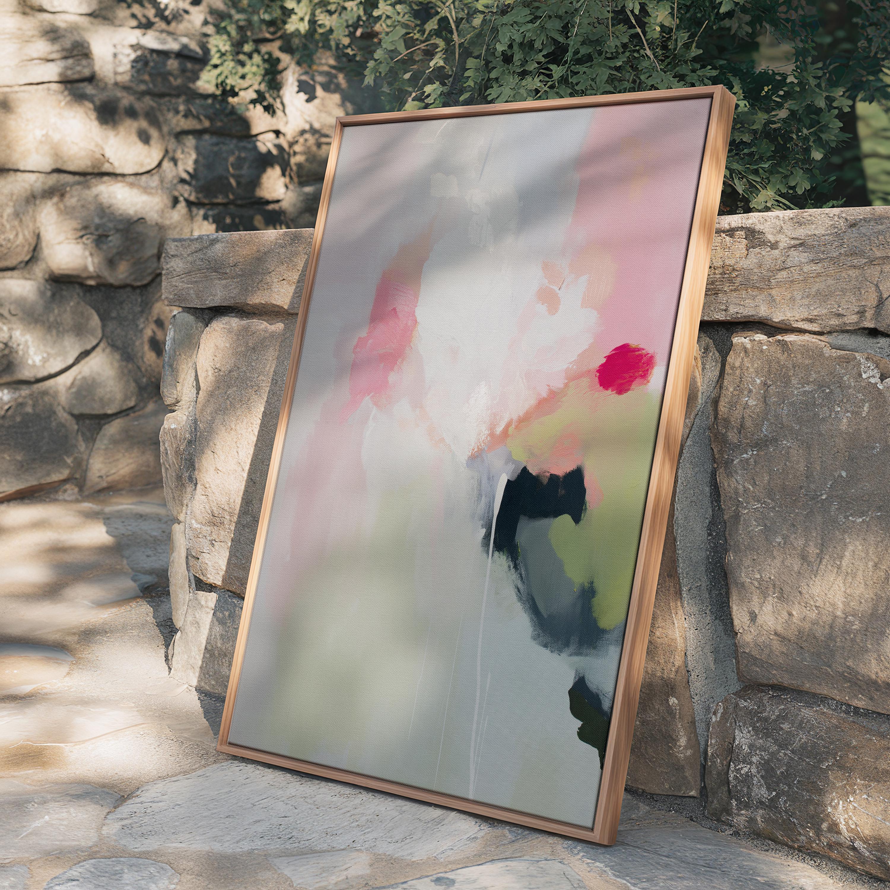 Vertical abstract canvas wall art featuring blush pink, soft green, and muted pastel tones in a warm minimalist style. This artwork offers a serene and calming presence, ideal for bedrooms, living rooms, or entryways. Designed for layered, neutral interiors, it blends easily with contemporary and designer home decor. Available as a gallery-wrapped canvas, framed canvas, or fine art poster print for curated boutique styling.