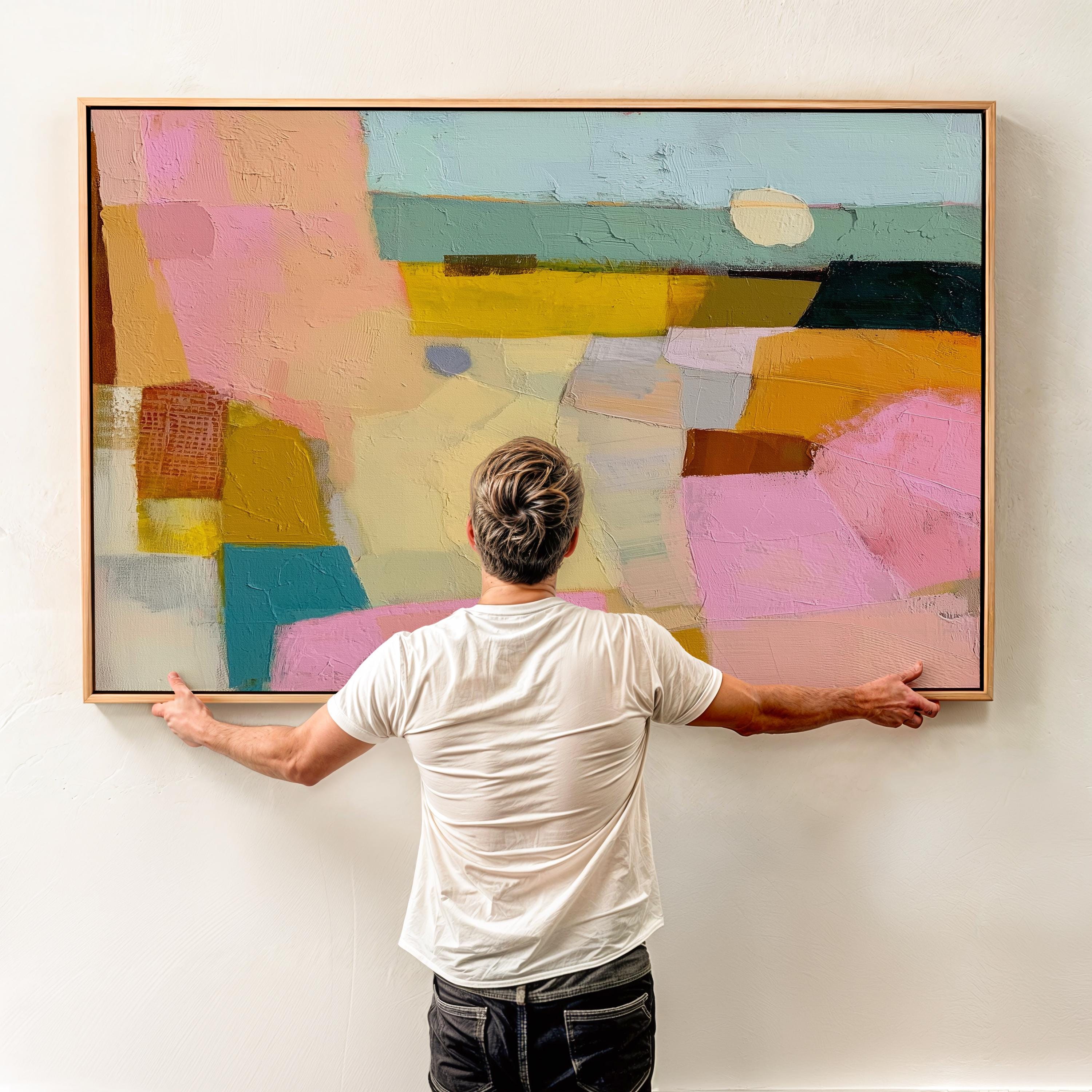 Horizontal abstract canvas wall art with pink, yellow, teal, and neutral tones in a painterly geometric design. This textured pastel artwork blends boho and modern styles, ideal for living rooms, bedrooms, or entryway walls. Its bold color palette adds vibrancy while maintaining balance, perfect for transitional and contemporary interiors. Available as a gallery-wrapped canvas, framed canvas, or fine art poster print for versatile boutique home decor.