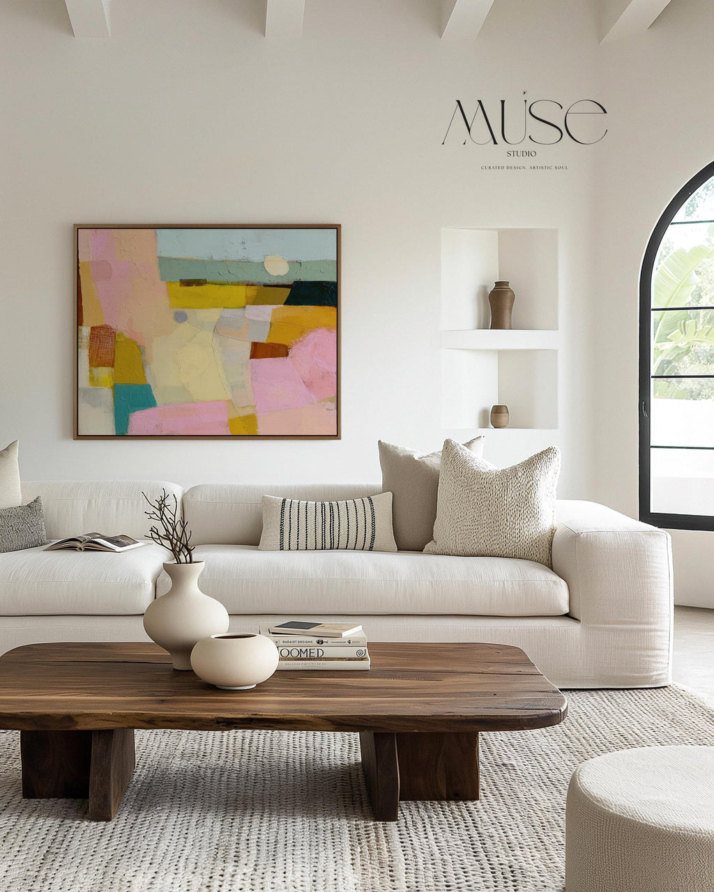Horizontal abstract canvas wall art with pink, yellow, teal, and neutral tones in a painterly geometric design. This textured pastel artwork blends boho and modern styles, ideal for living rooms, bedrooms, or entryway walls. Its bold color palette adds vibrancy while maintaining balance, perfect for transitional and contemporary interiors. Available as a gallery-wrapped canvas, framed canvas, or fine art poster print for versatile boutique home decor.