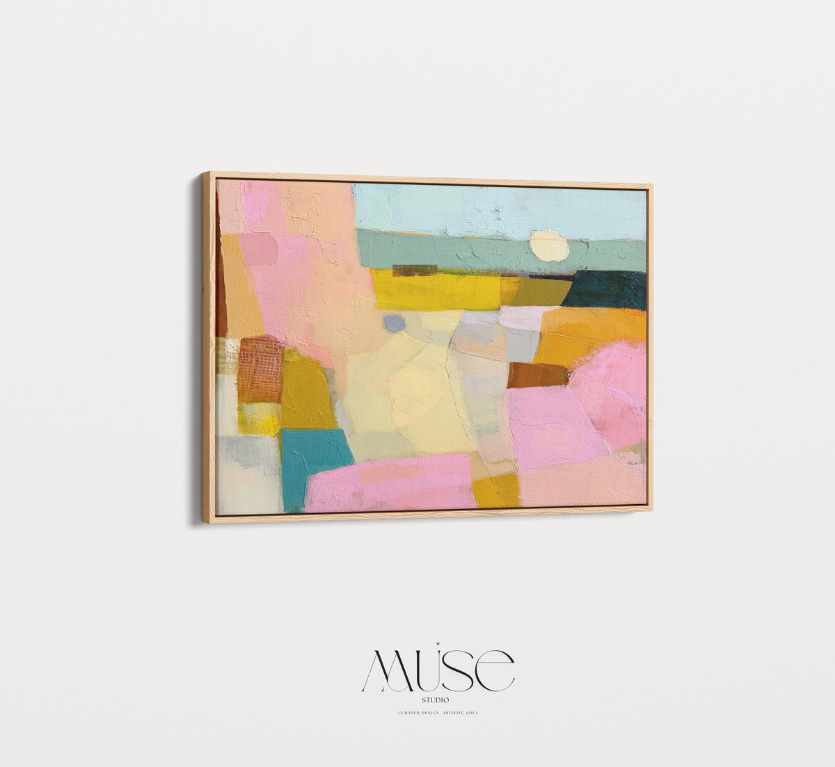 Horizontal abstract canvas wall art with pink, yellow, teal, and neutral tones in a painterly geometric design. This textured pastel artwork blends boho and modern styles, ideal for living rooms, bedrooms, or entryway walls. Its bold color palette adds vibrancy while maintaining balance, perfect for transitional and contemporary interiors. Available as a gallery-wrapped canvas, framed canvas, or fine art poster print for versatile boutique home decor.