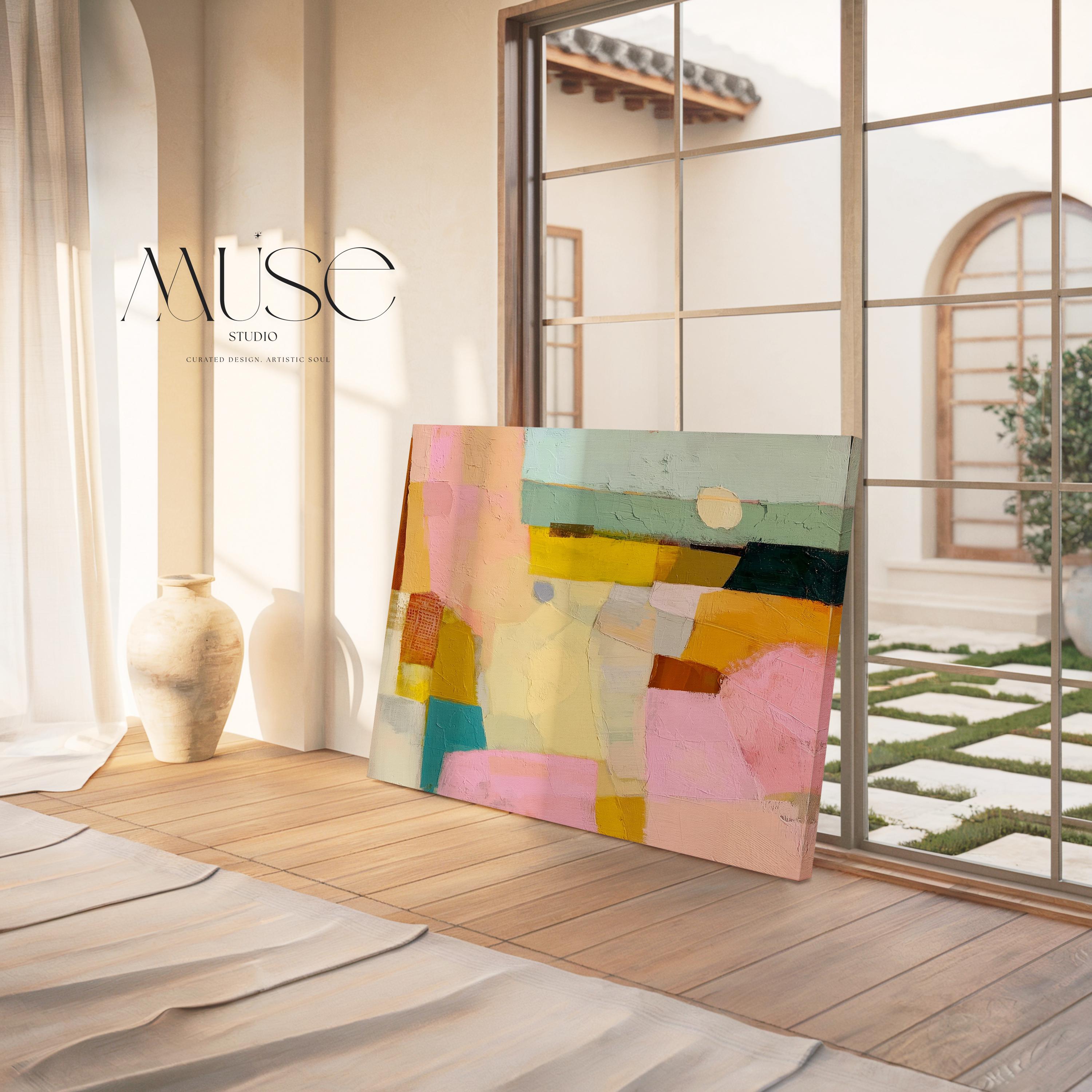 Horizontal abstract canvas wall art with pink, yellow, teal, and neutral pastel tones in a textural geometric design. This bold yet balanced artwork complements boho and transitional interiors, making it perfect for living rooms, bedrooms, or entryway walls. With its vibrant palette and painterly details, it adds boutique warmth and personality to any space. Available as a gallery-wrapped canvas, framed canvas, or fine art poster print.