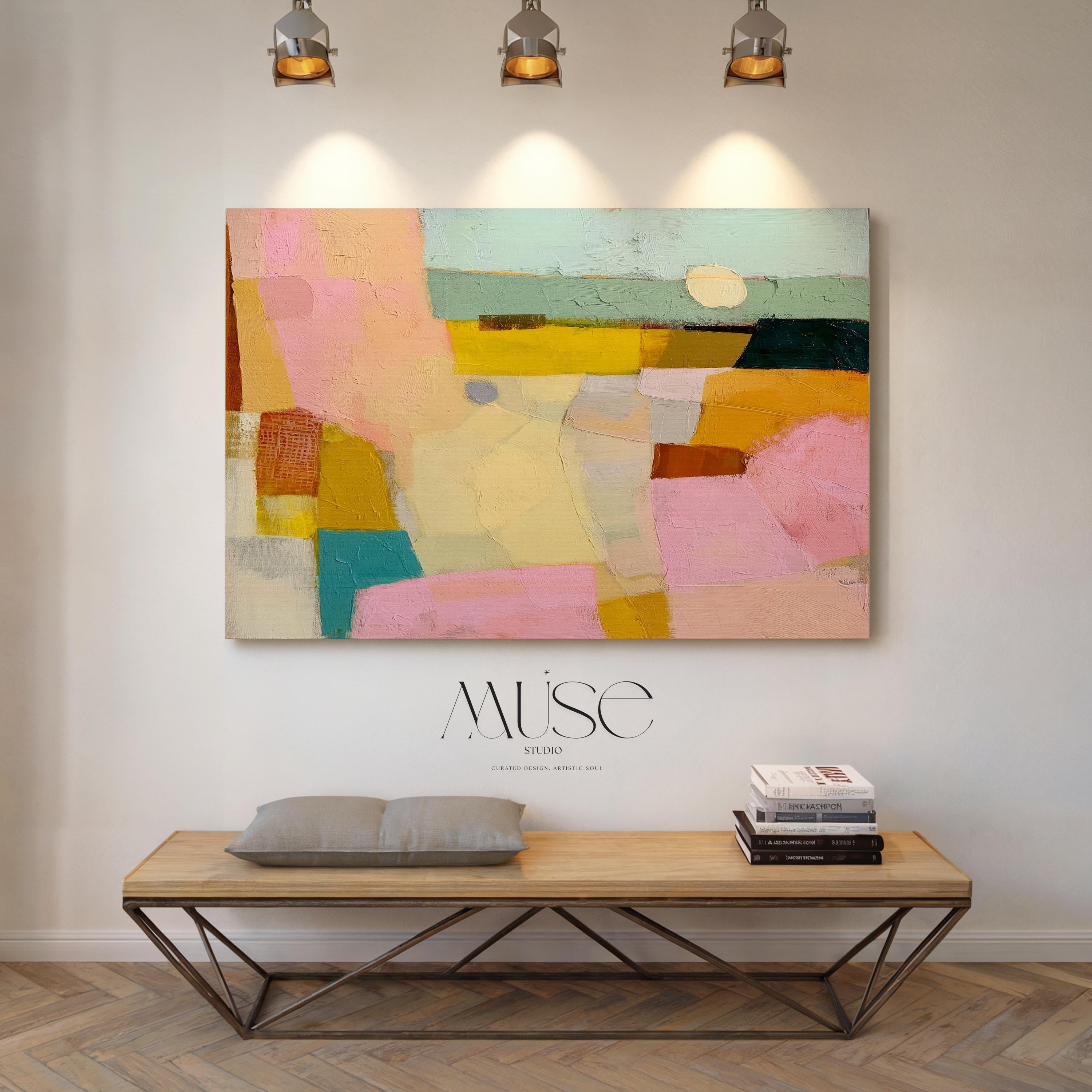 Horizontal abstract canvas wall art with pink, yellow, teal, and neutral pastel tones in a textural geometric design. This bold yet balanced artwork complements boho and transitional interiors, making it perfect for living rooms, bedrooms, or entryway walls. With its vibrant palette and painterly details, it adds boutique warmth and personality to any space. Available as a gallery-wrapped canvas, framed canvas, or fine art poster print.