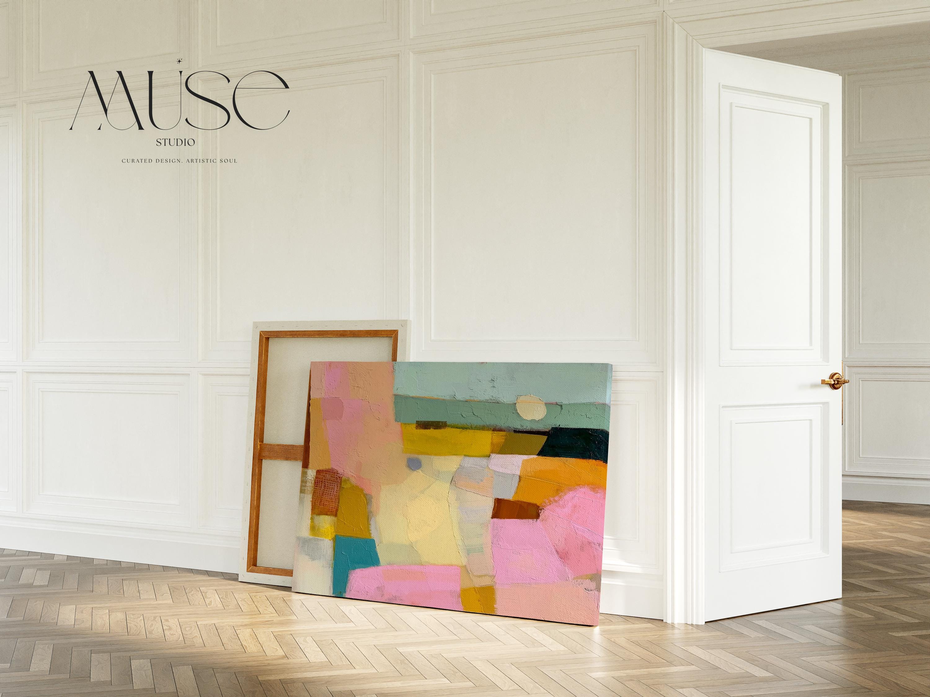 Horizontal abstract canvas wall art with pink, yellow, teal, and neutral pastel tones in a textural geometric design. This bold yet balanced artwork complements boho and transitional interiors, making it perfect for living rooms, bedrooms, or entryway walls. With its vibrant palette and painterly details, it adds boutique warmth and personality to any space. Available as a gallery-wrapped canvas, framed canvas, or fine art poster print.