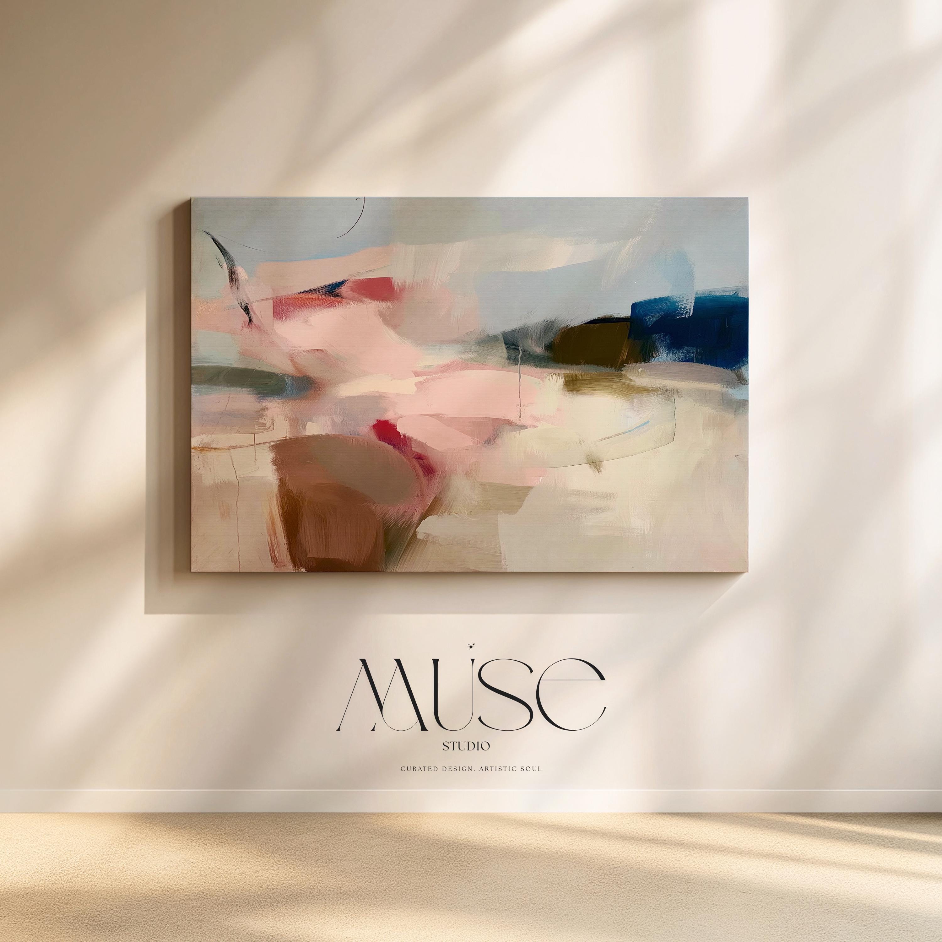 Muse Studio neutral abstract canvas wall art featuring Mojave Sonata 1089 in blush, taupe, olive, cream, gray blue, and deep navy tones. Large horizontal canvas print with painterly layered movement, museum-grade giclée inks, premium gallery-wrapped artist canvas, and warm modern organic transitional style for living room, bedroom, office, or dining room decor.