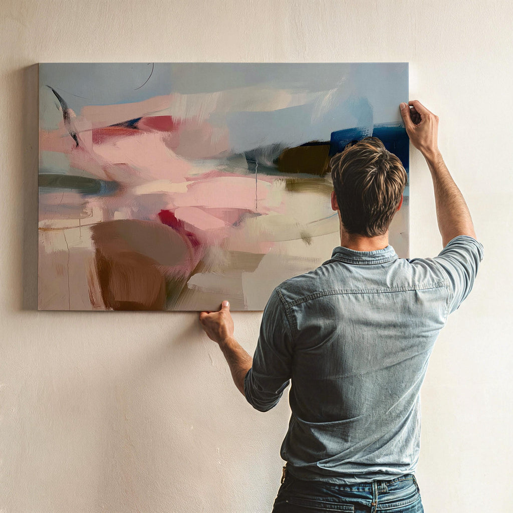 Abstract canvas wall art featuring soft blush, taupe, and navy tones with flowing brushstrokes and painterly texture. The horizontal composition evokes calm movement and balanced warmth, ideal for bedrooms or living rooms. Gallery-wrapped cotton canvas for a refined, ready-to-hang presentation.