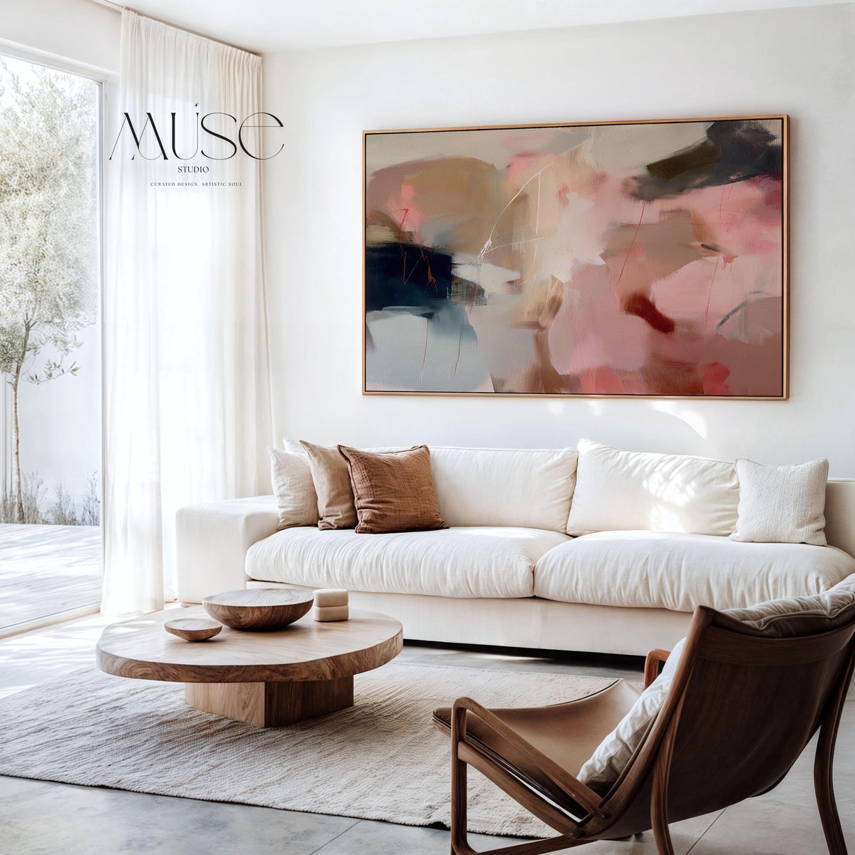 Horizontal abstract wall art in blush pink, beige, and navy tones framed in natural wood. This soft contemporary design blends fluid movement with a calm, elegant palette—ideal for warm minimalist or transitional interiors. Perfect for living rooms, bedrooms, or entryways seeking refined, serene decor. Available as a framed canvas wall art, gallery-wrapped canvas, or fine art poster print.