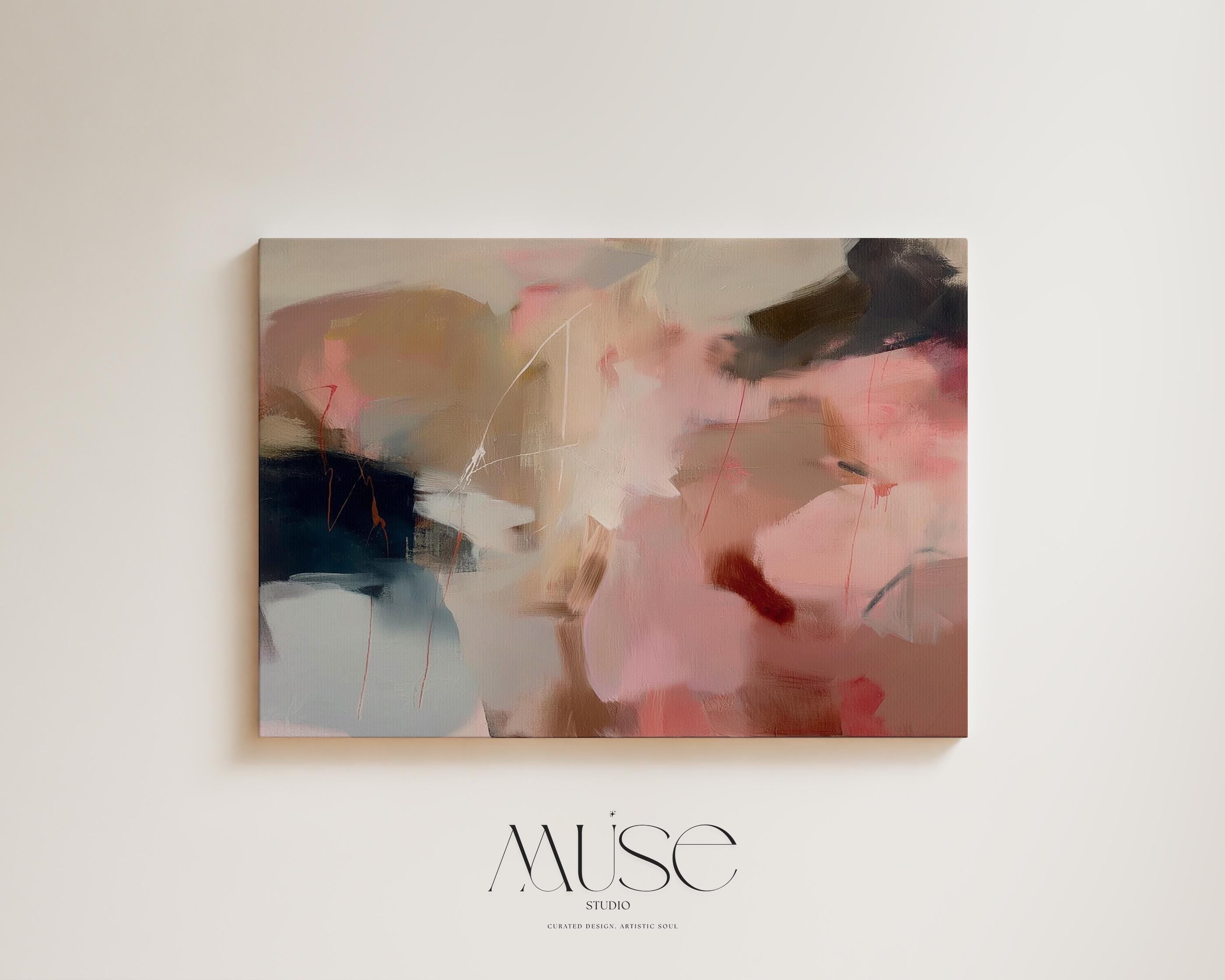 Horizontal abstract canvas wall art featuring blush pink, beige, and navy tones. Soft layered brushwork creates a refined, tranquil feel perfect for warm minimalist or transitional interiors. Styled for living rooms, bedrooms, or entryways, this artwork adds calm sophistication to any decor. Available as a gallery-wrapped canvas wall art, framed canvas, or fine art poster print.