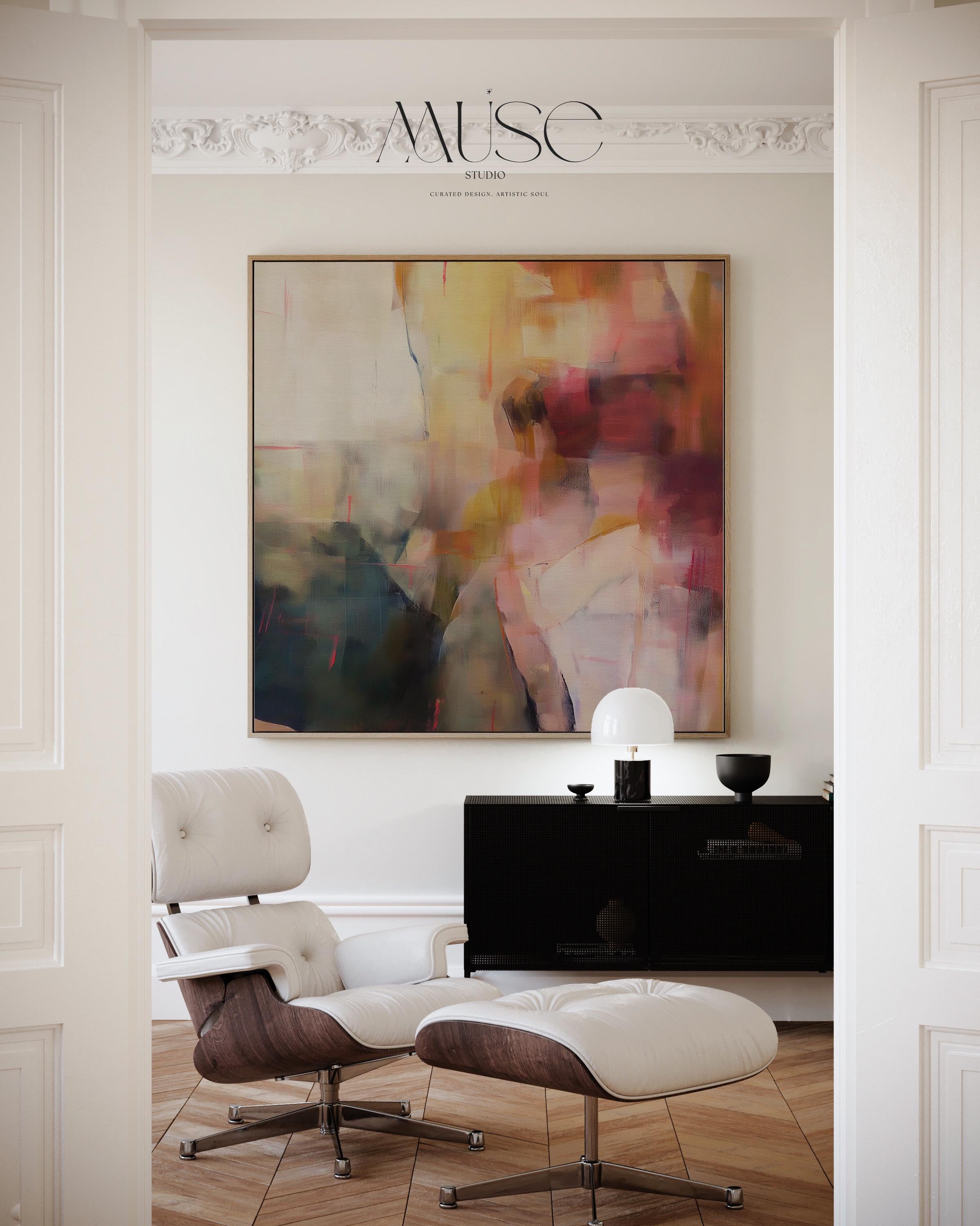 Square abstract wall art featuring rich plum, ochre, blush, and navy hues in a softly layered composition. This framed canvas adds warmth and elegance to transitional and soft contemporary interiors, ideal for offices, living rooms, or reading spaces. The artwork’s textured depth and balanced palette make it perfect for creating a sophisticated, curated atmosphere. Available as a framed canvas wall art, gallery-wrapped canvas, or fine art poster print.