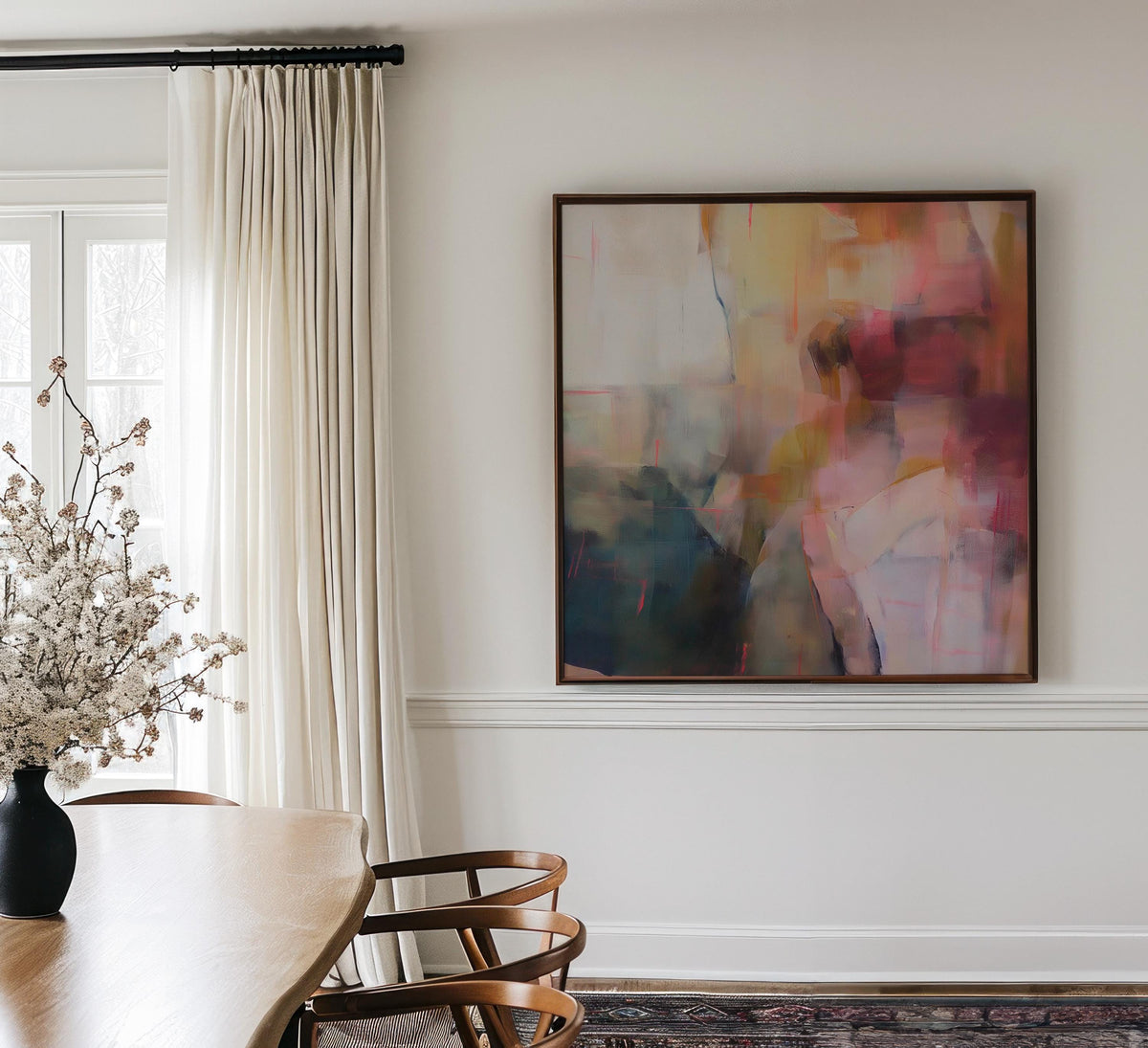 Square abstract wall art featuring rich plum, ochre, blush, and navy hues in a softly layered composition. This framed canvas adds warmth and elegance to transitional and soft contemporary interiors, ideal for offices, living rooms, or reading spaces. The artwork’s textured depth and balanced palette make it perfect for creating a sophisticated, curated atmosphere. Available as a framed canvas wall art, gallery-wrapped canvas, or fine art poster print.