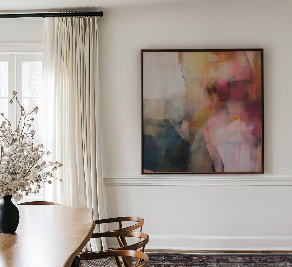 Square abstract wall art featuring rich plum, ochre, blush, and navy hues in a softly layered composition. This framed canvas adds warmth and elegance to transitional and soft contemporary interiors, ideal for offices, living rooms, or reading spaces. The artwork’s textured depth and balanced palette make it perfect for creating a sophisticated, curated atmosphere. Available as a framed canvas wall art, gallery-wrapped canvas, or fine art poster print.