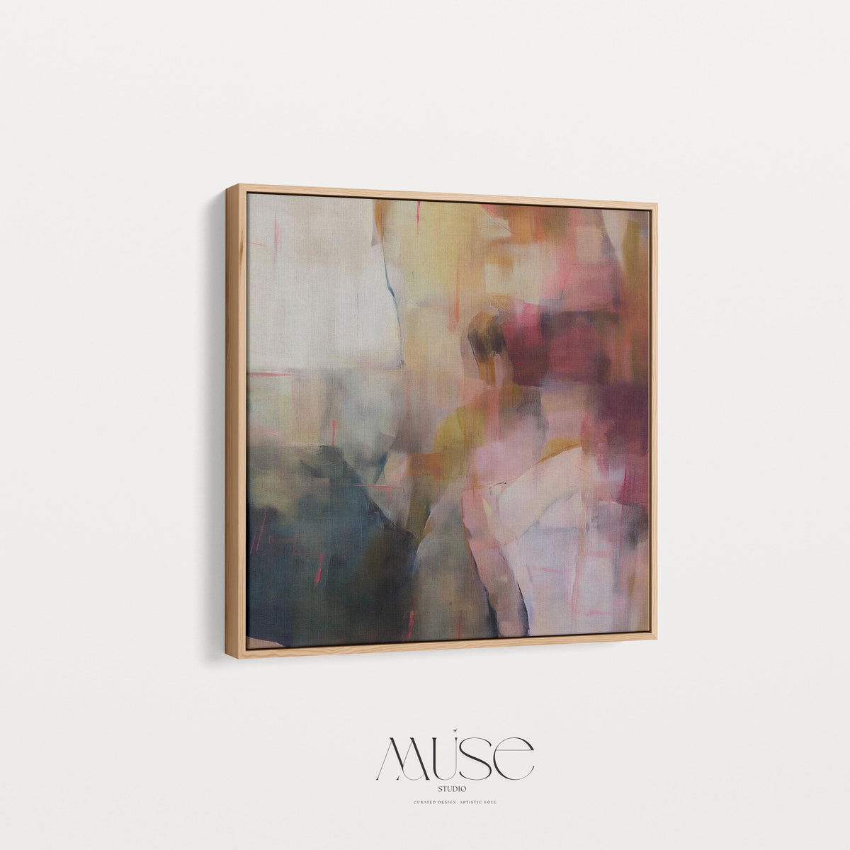 Square abstract wall art featuring rich plum, ochre, blush, and navy hues in a softly layered composition. This framed canvas adds warmth and elegance to transitional and soft contemporary interiors, ideal for offices, living rooms, or reading spaces. The artwork’s textured depth and balanced palette make it perfect for creating a sophisticated, curated atmosphere. Available as a framed canvas wall art, gallery-wrapped canvas, or fine art poster print.