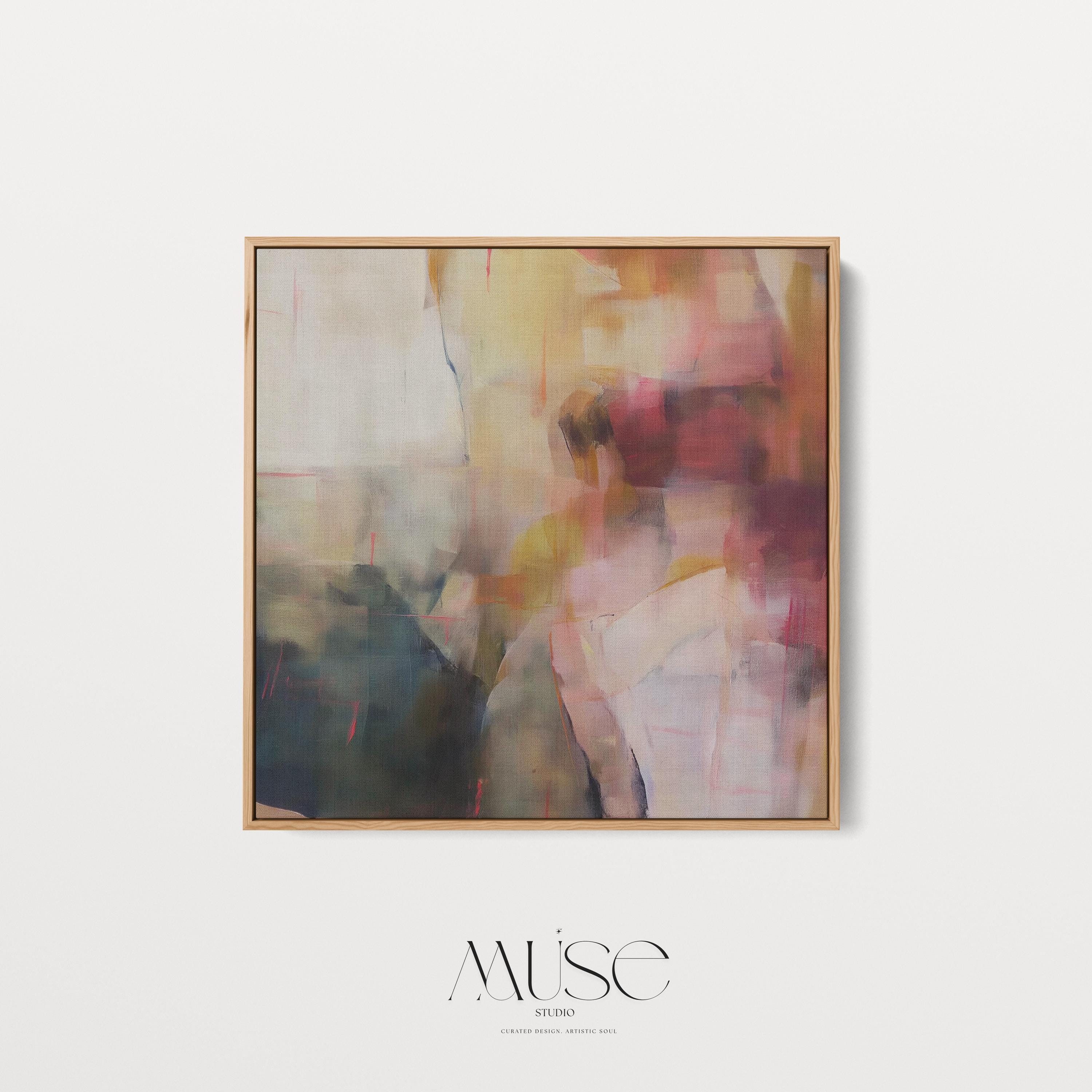 Square abstract wall art featuring rich plum, ochre, blush, and navy hues in a softly layered composition. This framed canvas adds warmth and elegance to transitional and soft contemporary interiors, ideal for offices, living rooms, or reading spaces. The artwork’s textured depth and balanced palette make it perfect for creating a sophisticated, curated atmosphere. Available as a framed canvas wall art, gallery-wrapped canvas, or fine art poster print.