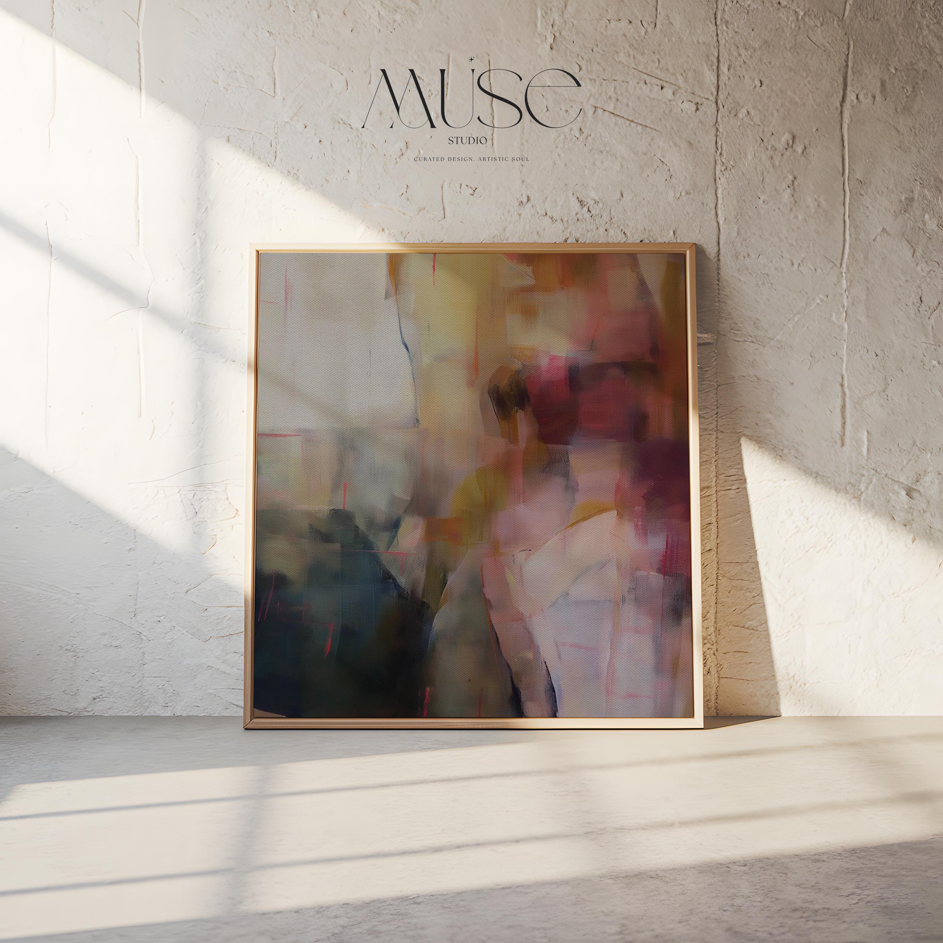 Square abstract wall art featuring rich plum, ochre, blush, and navy hues in a softly layered composition. This framed canvas adds warmth and elegance to transitional and soft contemporary interiors, ideal for offices, living rooms, or reading spaces. The artwork’s textured depth and balanced palette make it perfect for creating a sophisticated, curated atmosphere. Available as a framed canvas wall art, gallery-wrapped canvas, or fine art poster print.