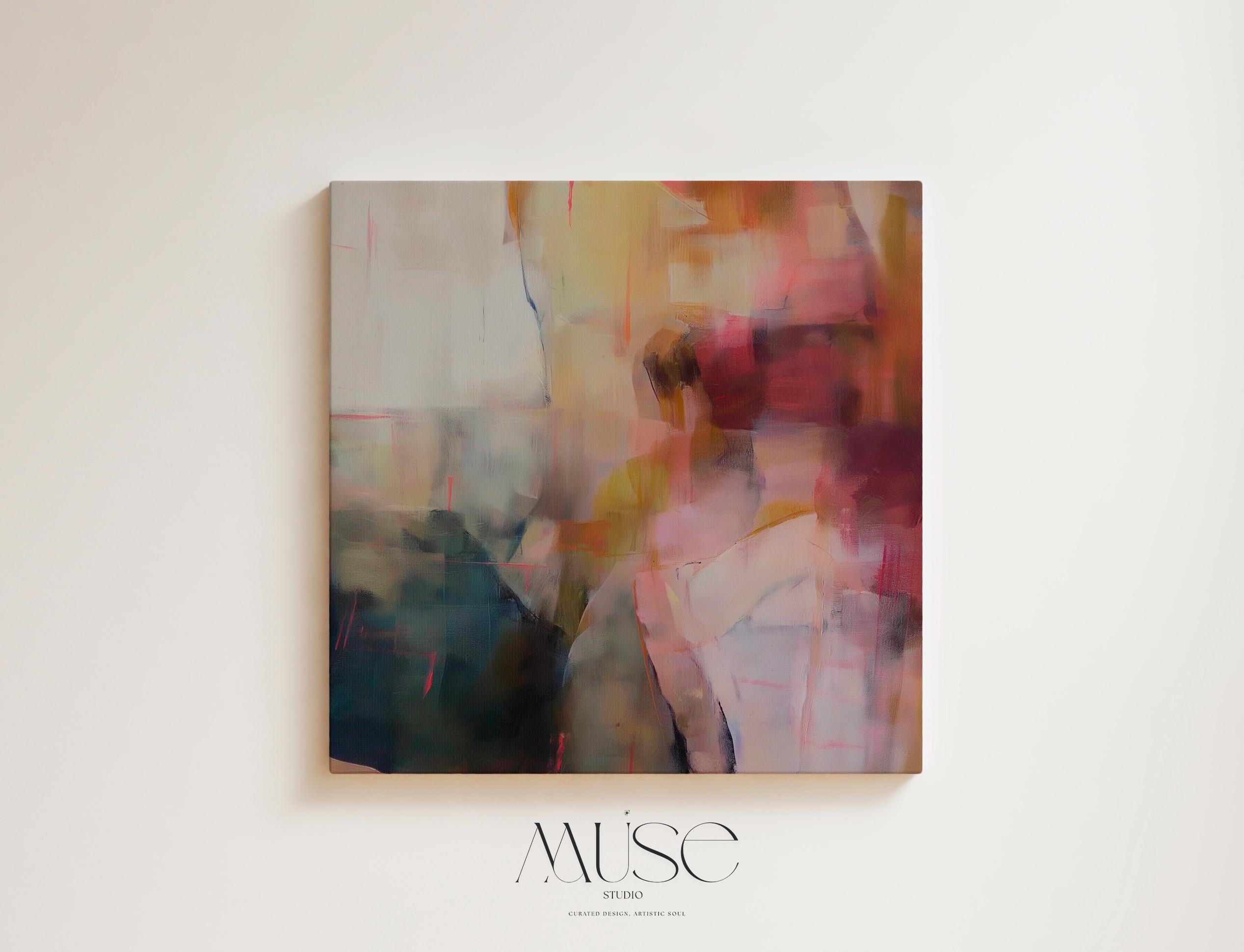 Square abstract canvas wall art featuring a moody blend of plum, blush, and gold tones. Soft painterly layers create warmth and movement, ideal for transitional or warm minimalist interiors. Perfect for bedrooms, offices, or living rooms needing an elegant focal point. This artwork adds sophistication and texture to curated, designer-inspired spaces. Gallery-wrapped canvas wall art by Muse Studio.
