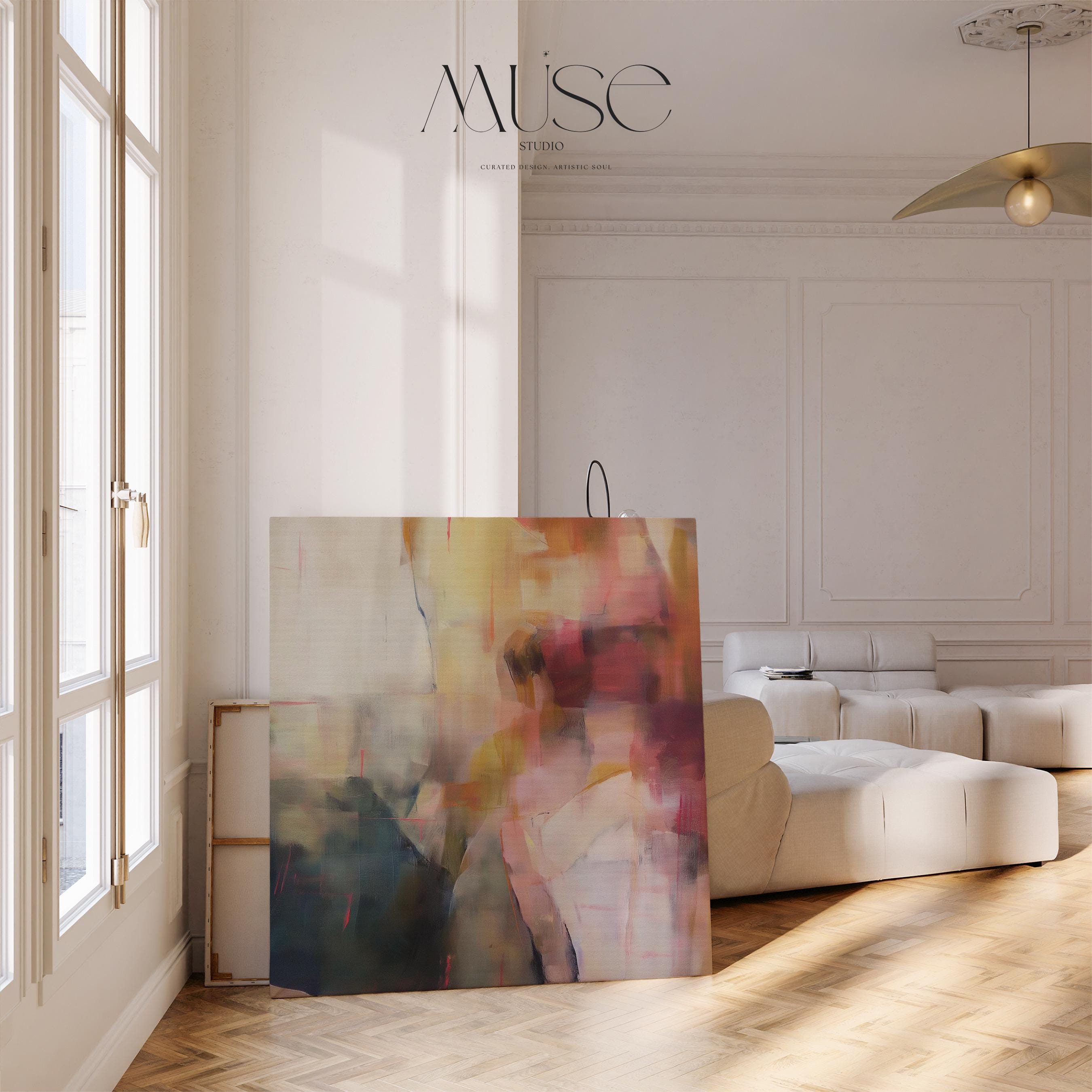 Square abstract canvas wall art featuring a moody blend of plum, blush, and gold tones. Soft painterly layers create warmth and movement, ideal for transitional or warm minimalist interiors. Perfect for bedrooms, offices, or living rooms needing an elegant focal point. This artwork adds sophistication and texture to curated, designer-inspired spaces. Gallery-wrapped canvas wall art by Muse Studio.