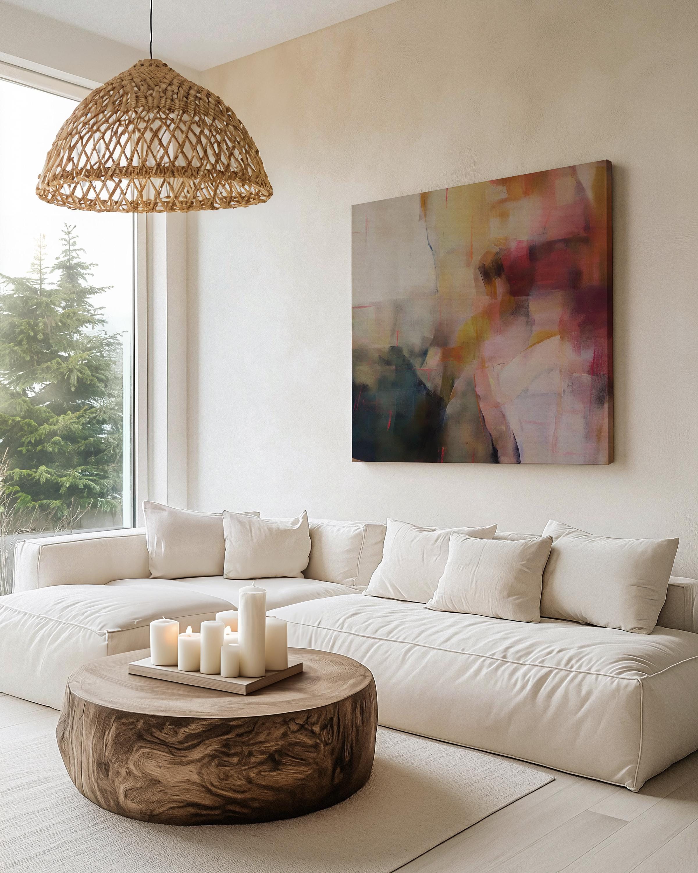 Square abstract canvas wall art featuring a moody blend of plum, blush, and gold tones. Soft painterly layers create warmth and movement, ideal for transitional or warm minimalist interiors. Perfect for bedrooms, offices, or living rooms needing an elegant focal point. This artwork adds sophistication and texture to curated, designer-inspired spaces. Gallery-wrapped canvas wall art by Muse Studio.