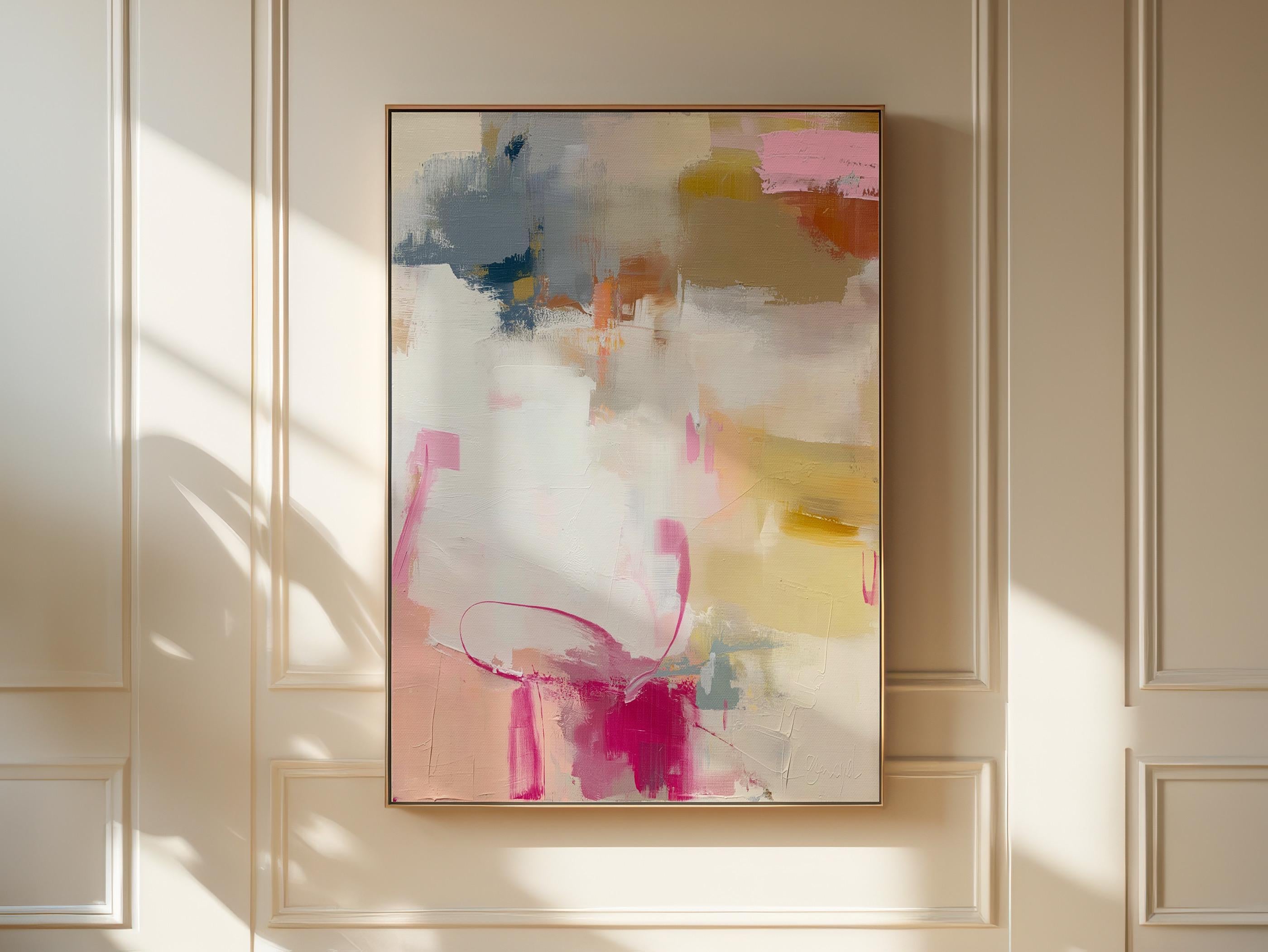 Large vertical framed abstract canvas wall art by Muse Studio featuring blush pink and soft gold tones with taupe and muted blue accents, printed with museum-grade giclée inks on premium artist canvas and professionally framed in solid wood for gallery-quality presentation in soft contemporary interiors.