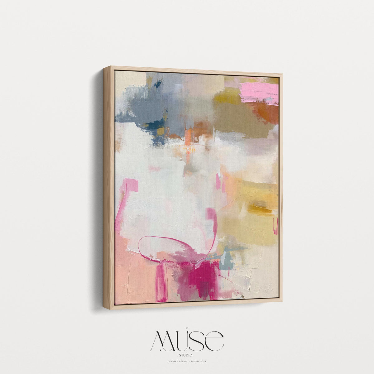 Vertical abstract canvas wall art featuring blush pink, gold, taupe, and soft blue hues in a soft contemporary color pop palette. The artwork adds warmth and elegance to modern interiors, perfect for living rooms, bedrooms, or entryways. Its layered brushwork and inviting tones create a sophisticated, designer look. Available as a gallery-wrapped canvas, framed canvas, or fine art poster print.