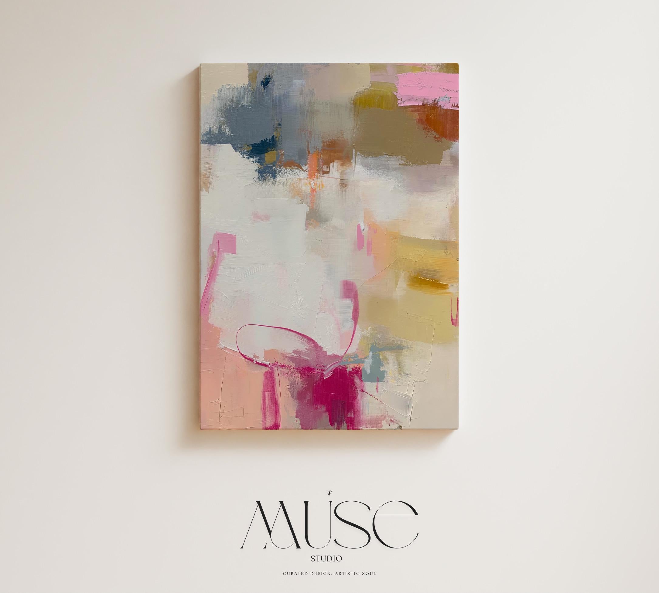 Vertical abstract canvas wall art featuring blush pink, gold, taupe, and soft blue hues in a soft contemporary color pop palette. The artwork adds warmth and elegance to modern interiors, perfect for living rooms, bedrooms, or entryways. Its layered brushwork and inviting tones create a sophisticated, designer look. Available as a gallery-wrapped canvas, framed canvas, or fine art poster print.