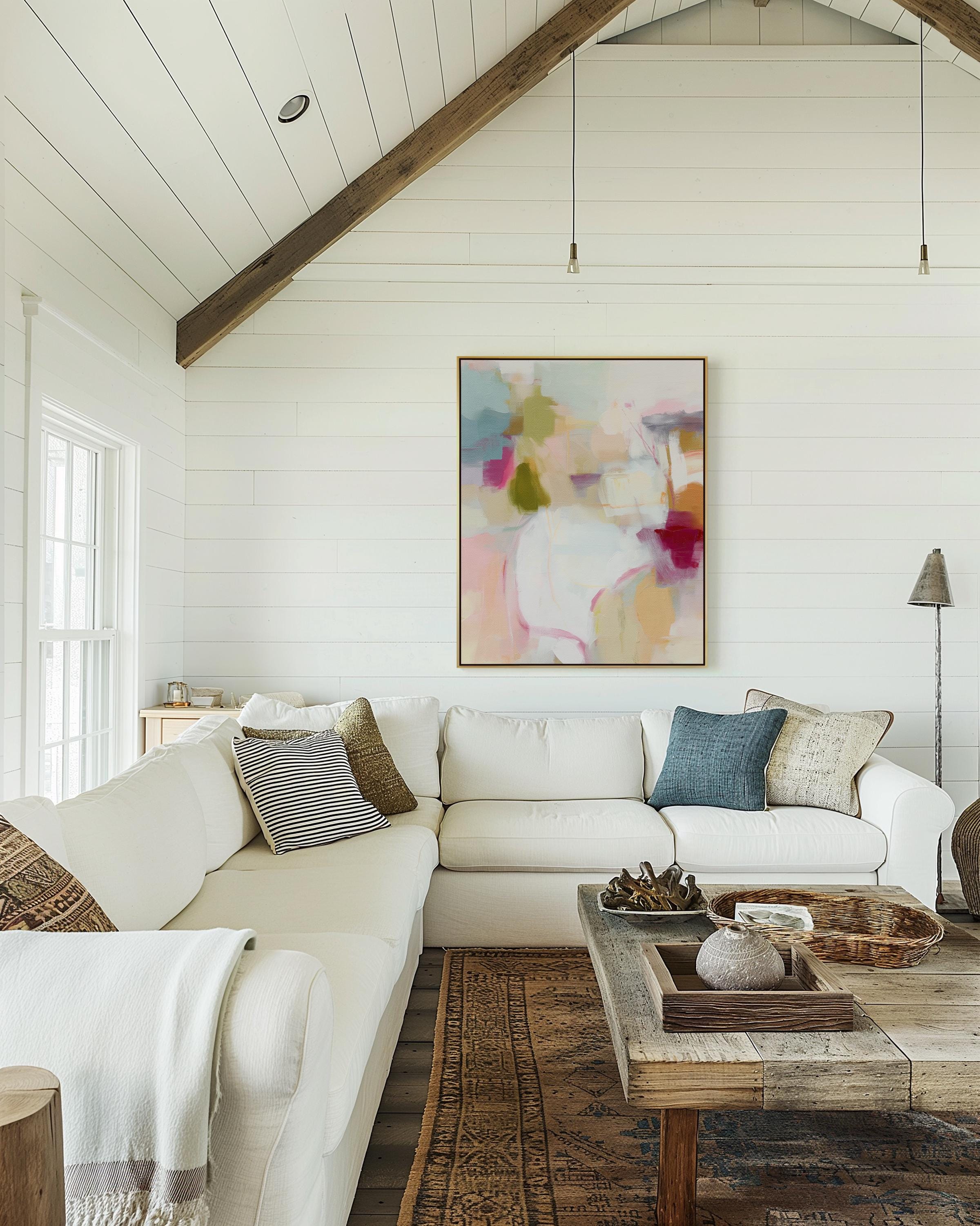 ertical framed abstract wall art in blush pink, olive green, coral, and lavender tones. Soft painterly brushwork creates a light and inviting aesthetic perfect for pastel botanical or soft contemporary interiors. Ideal for living rooms, bedrooms, or entryways, this design adds warmth and joy to curated, modern spaces. Available as a framed canvas wall art, gallery-wrapped canvas, or fine art poster print.