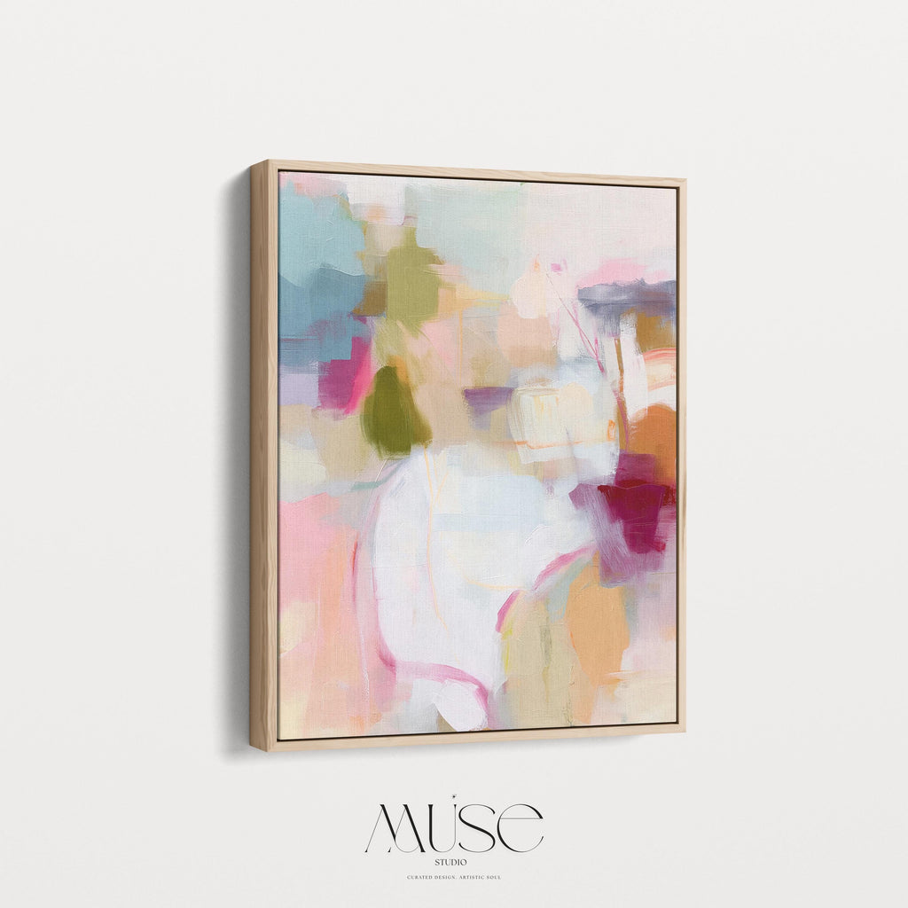 ertical framed abstract wall art in blush pink, olive green, coral, and lavender tones. Soft painterly brushwork creates a light and inviting aesthetic perfect for pastel botanical or soft contemporary interiors. Ideal for living rooms, bedrooms, or entryways, this design adds warmth and joy to curated, modern spaces. Available as a framed canvas wall art, gallery-wrapped canvas, or fine art poster print.