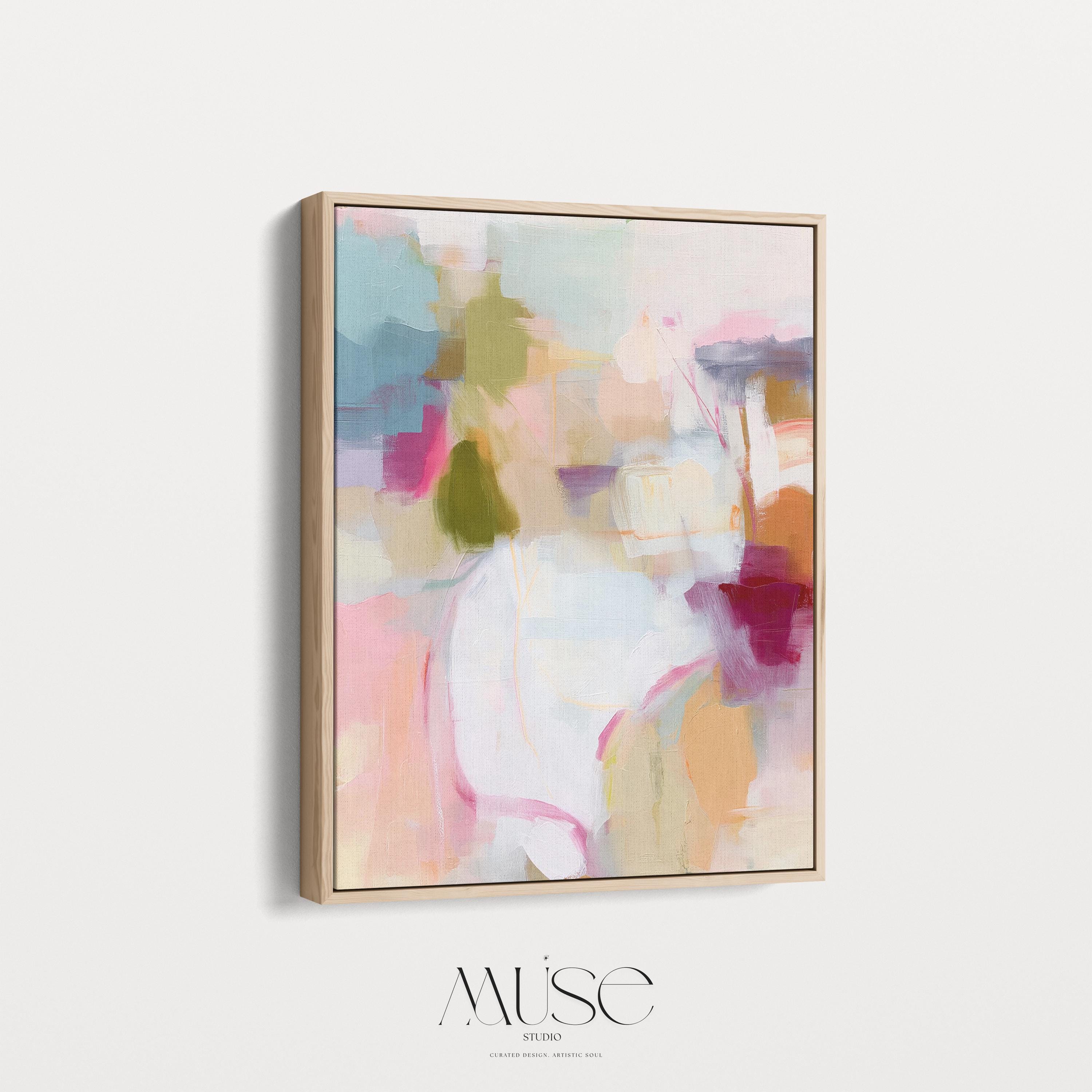 ertical framed abstract wall art in blush pink, olive green, coral, and lavender tones. Soft painterly brushwork creates a light and inviting aesthetic perfect for pastel botanical or soft contemporary interiors. Ideal for living rooms, bedrooms, or entryways, this design adds warmth and joy to curated, modern spaces. Available as a framed canvas wall art, gallery-wrapped canvas, or fine art poster print.