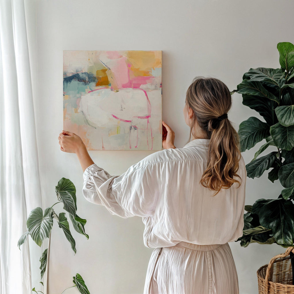 Square abstract canvas wall art featuring soft pink, white, and aqua hues with golden undertones. Gentle brushstrokes add depth and light, ideal for pastel botanical or soft contemporary interiors. Perfect for bedrooms, living rooms, or creative studio spaces. Gallery-wrapped canvas wall art, ready to hang with a smooth, fine-textured finish for a refined, modern look.