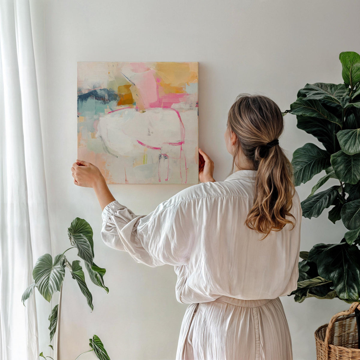 Square abstract canvas wall art featuring soft pink, white, and aqua hues with golden undertones. Gentle brushstrokes add depth and light, ideal for pastel botanical or soft contemporary interiors. Perfect for bedrooms, living rooms, or creative studio spaces. Gallery-wrapped canvas wall art, ready to hang with a smooth, fine-textured finish for a refined, modern look.