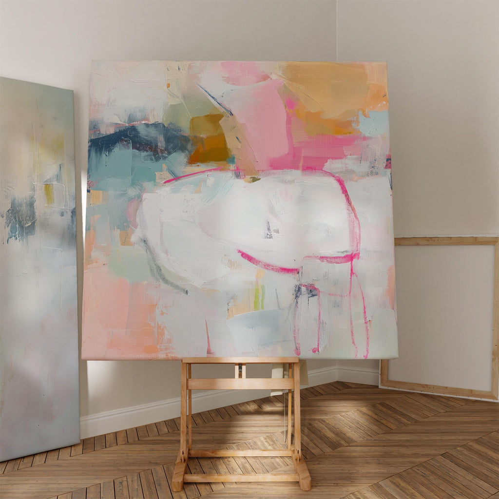 Square abstract canvas wall art featuring soft pink, white, and aqua hues with golden undertones. Gentle brushstrokes add depth and light, ideal for pastel botanical or soft contemporary interiors. Perfect for bedrooms, living rooms, or creative studio spaces. Gallery-wrapped canvas wall art, ready to hang with a smooth, fine-textured finish for a refined, modern look.