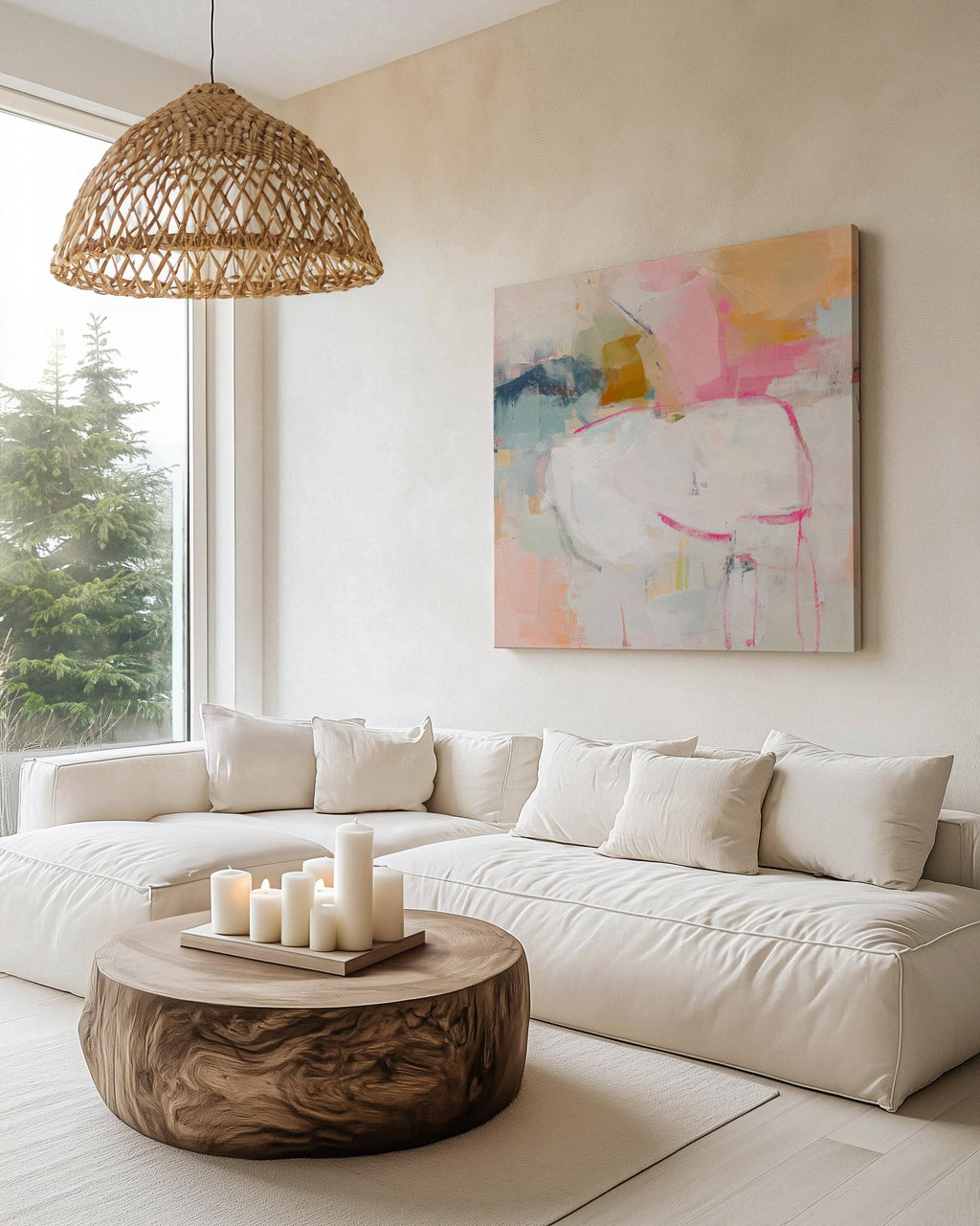 Square abstract canvas wall art featuring soft pink, white, and aqua hues with golden undertones. Gentle brushstrokes add depth and light, ideal for pastel botanical or soft contemporary interiors. Perfect for bedrooms, living rooms, or creative studio spaces. Gallery-wrapped canvas wall art, ready to hang with a smooth, fine-textured finish for a refined, modern look.