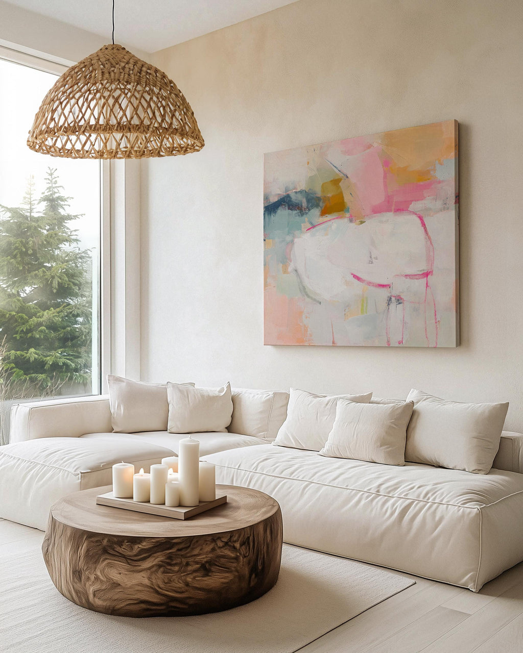 Square abstract canvas wall art featuring soft pink, white, and aqua hues with golden undertones. Gentle brushstrokes add depth and light, ideal for pastel botanical or soft contemporary interiors. Perfect for bedrooms, living rooms, or creative studio spaces. Gallery-wrapped canvas wall art, ready to hang with a smooth, fine-textured finish for a refined, modern look.