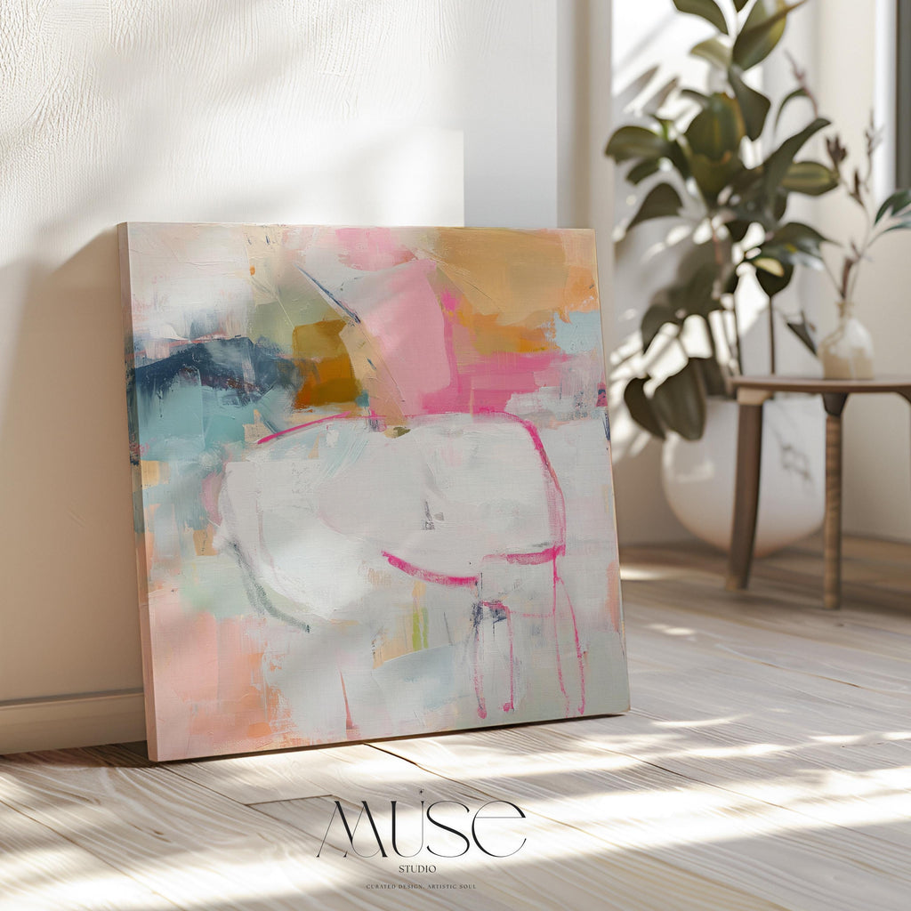 Square abstract canvas wall art featuring soft pink, white, and aqua hues with golden undertones. Gentle brushstrokes add depth and light, ideal for pastel botanical or soft contemporary interiors. Perfect for bedrooms, living rooms, or creative studio spaces. Gallery-wrapped canvas wall art, ready to hang with a smooth, fine-textured finish for a refined, modern look.
