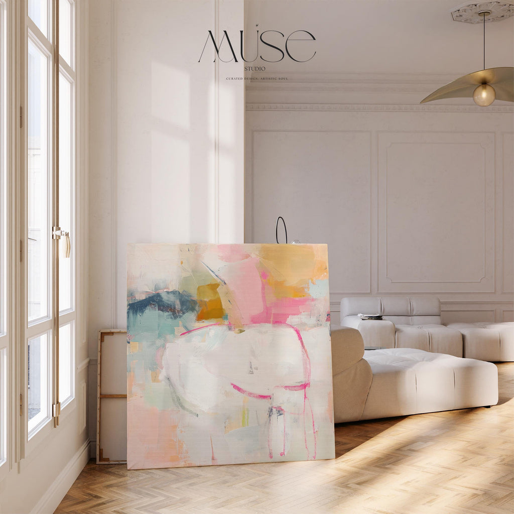 Square abstract canvas wall art featuring soft pink, white, and aqua hues with golden undertones. Gentle brushstrokes add depth and light, ideal for pastel botanical or soft contemporary interiors. Perfect for bedrooms, living rooms, or creative studio spaces. Gallery-wrapped canvas wall art, ready to hang with a smooth, fine-textured finish for a refined, modern look.
