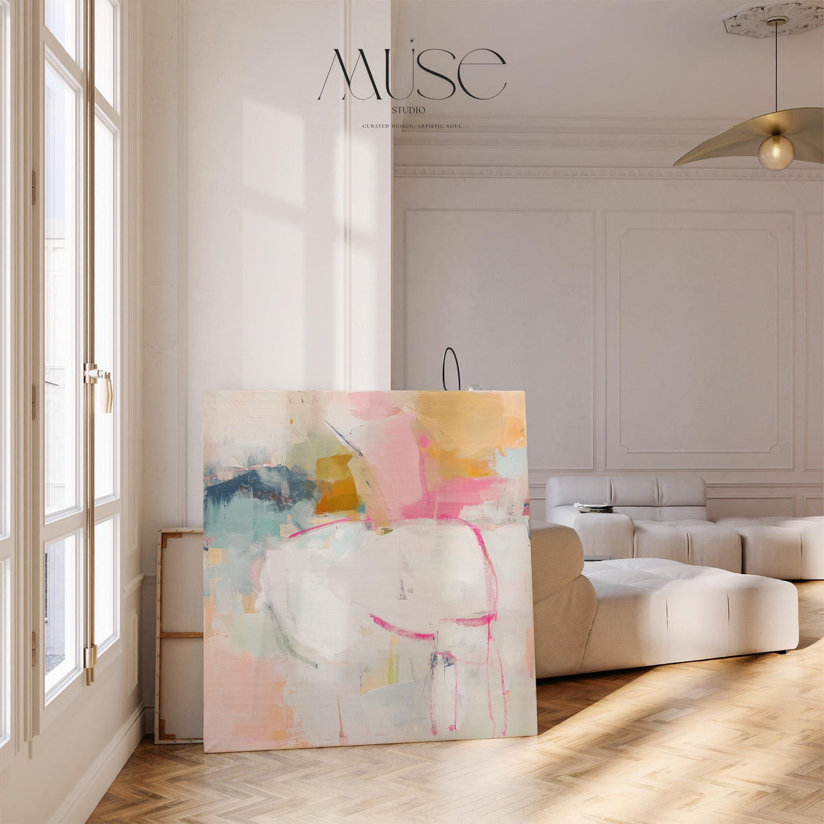 Square abstract canvas wall art featuring soft pink, white, and aqua hues with golden undertones. Gentle brushstrokes add depth and light, ideal for pastel botanical or soft contemporary interiors. Perfect for bedrooms, living rooms, or creative studio spaces. Gallery-wrapped canvas wall art, ready to hang with a smooth, fine-textured finish for a refined, modern look.