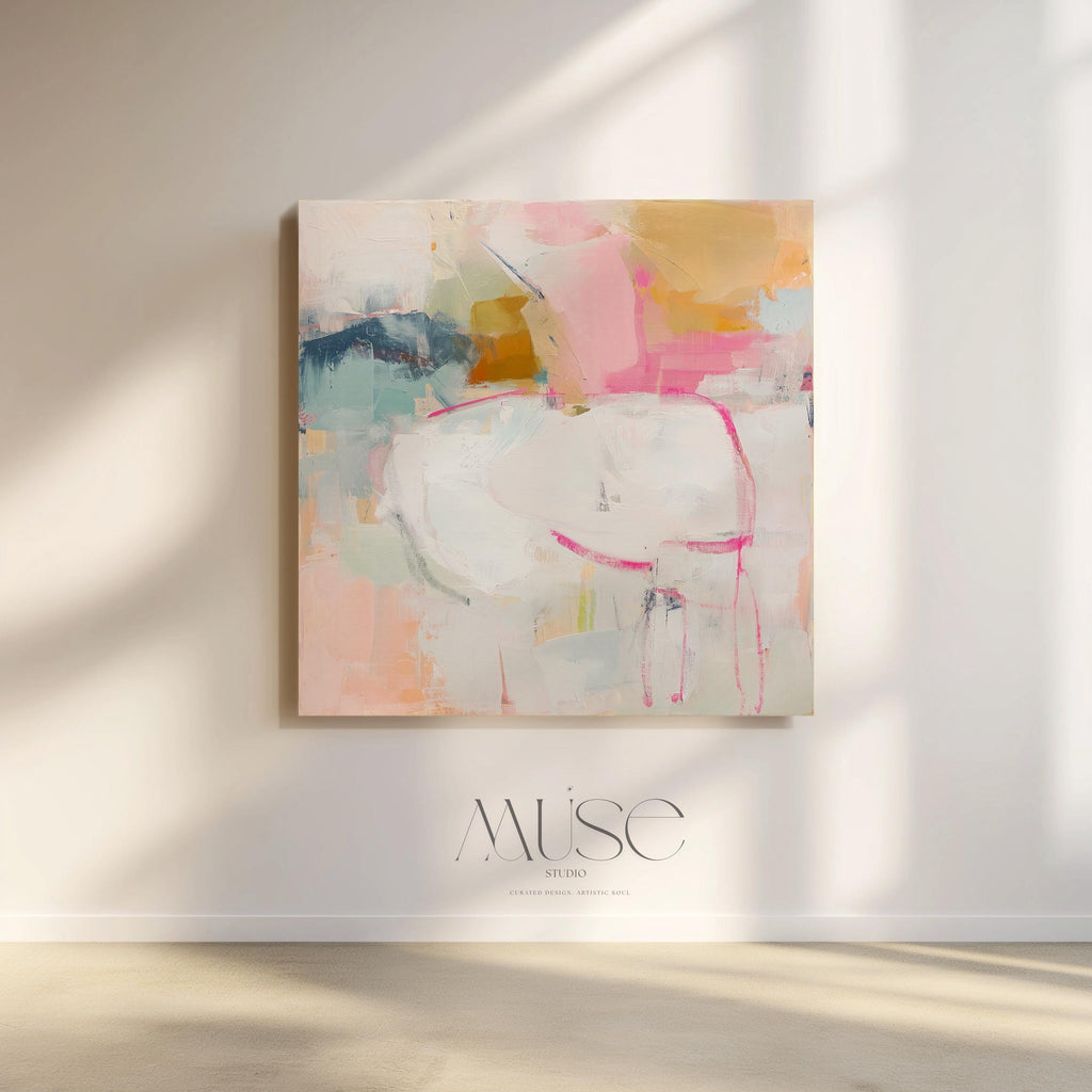 Large square abstract canvas wall art by Muse Studio featuring soft pink, white, and aqua tones, printed with museum-grade giclée inks on premium artist canvas and hand-stretched over solid wood bars for gallery-quality presentation in soft contemporary and pastel botanical interiors.