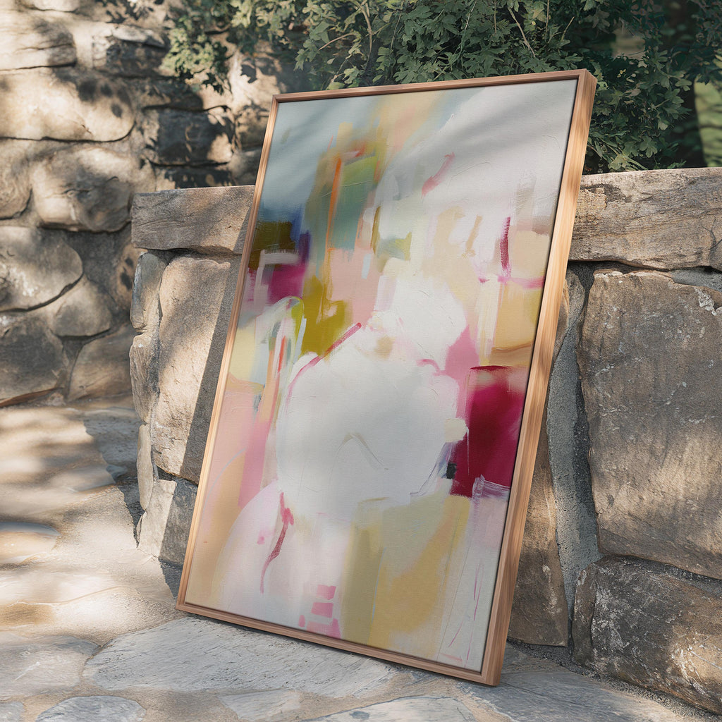 Vertical framed abstract wall art featuring pink, cream, olive, and berry hues. Soft brushwork creates a calm yet uplifting mood, ideal for pastel botanical and soft contemporary interiors. Perfect for living rooms, bedrooms, or entryways, the artwork adds warmth and modern refinement. Each framed wall art piece is crafted with a sleek wood frame, clean lines, and a gallery-quality finish, ready to hang for a polished designer look.