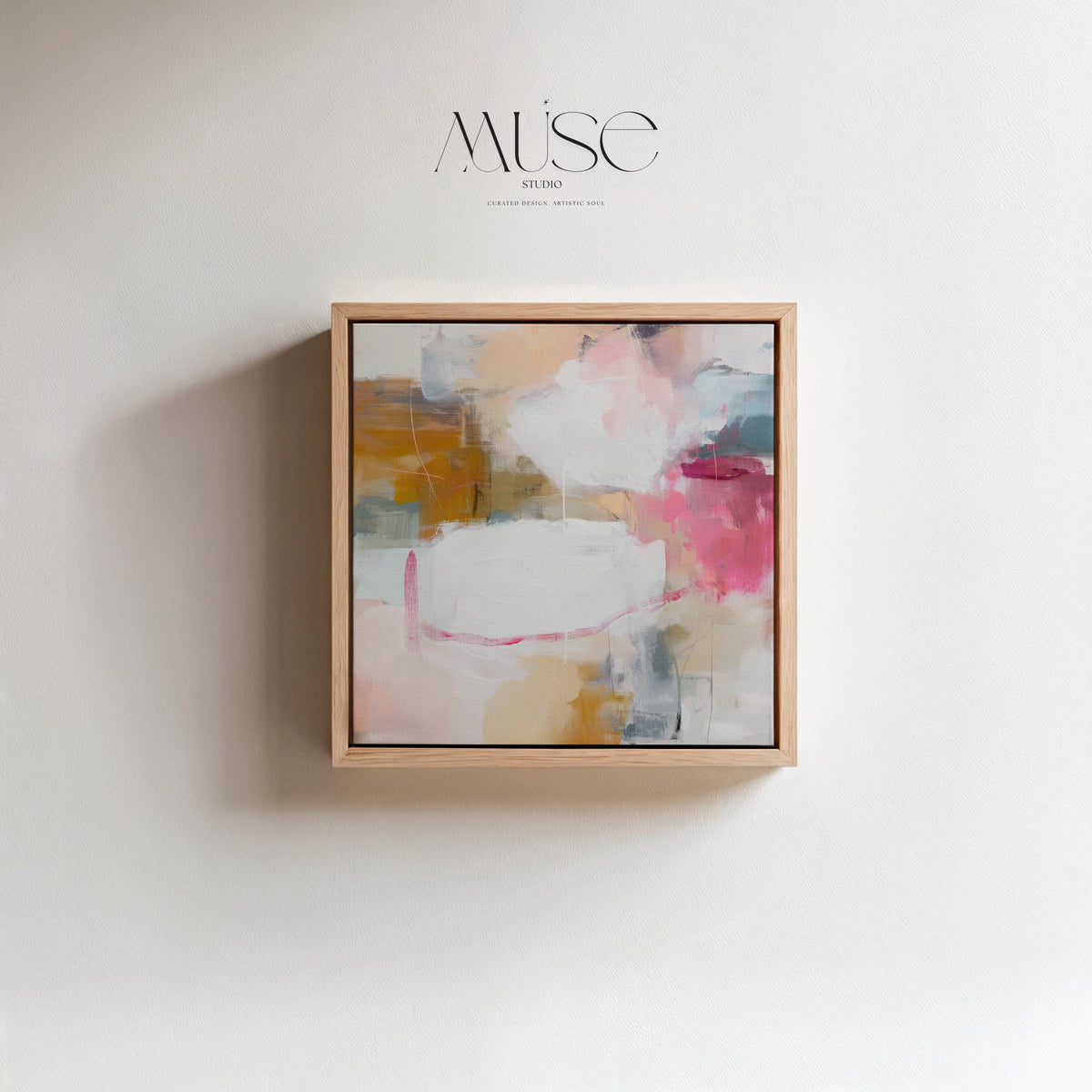 Square framed abstract wall art in pink, ochre, white, and teal tones with soft layered brushwork. The gentle interplay of warm and cool hues creates balance and light, ideal for pastel botanical or soft contemporary interiors. Perfect for living rooms, bedrooms, or studio spaces, this framed artwork features clean lines and a warm wood finish, ready to hang with a refined, gallery-style presentation.