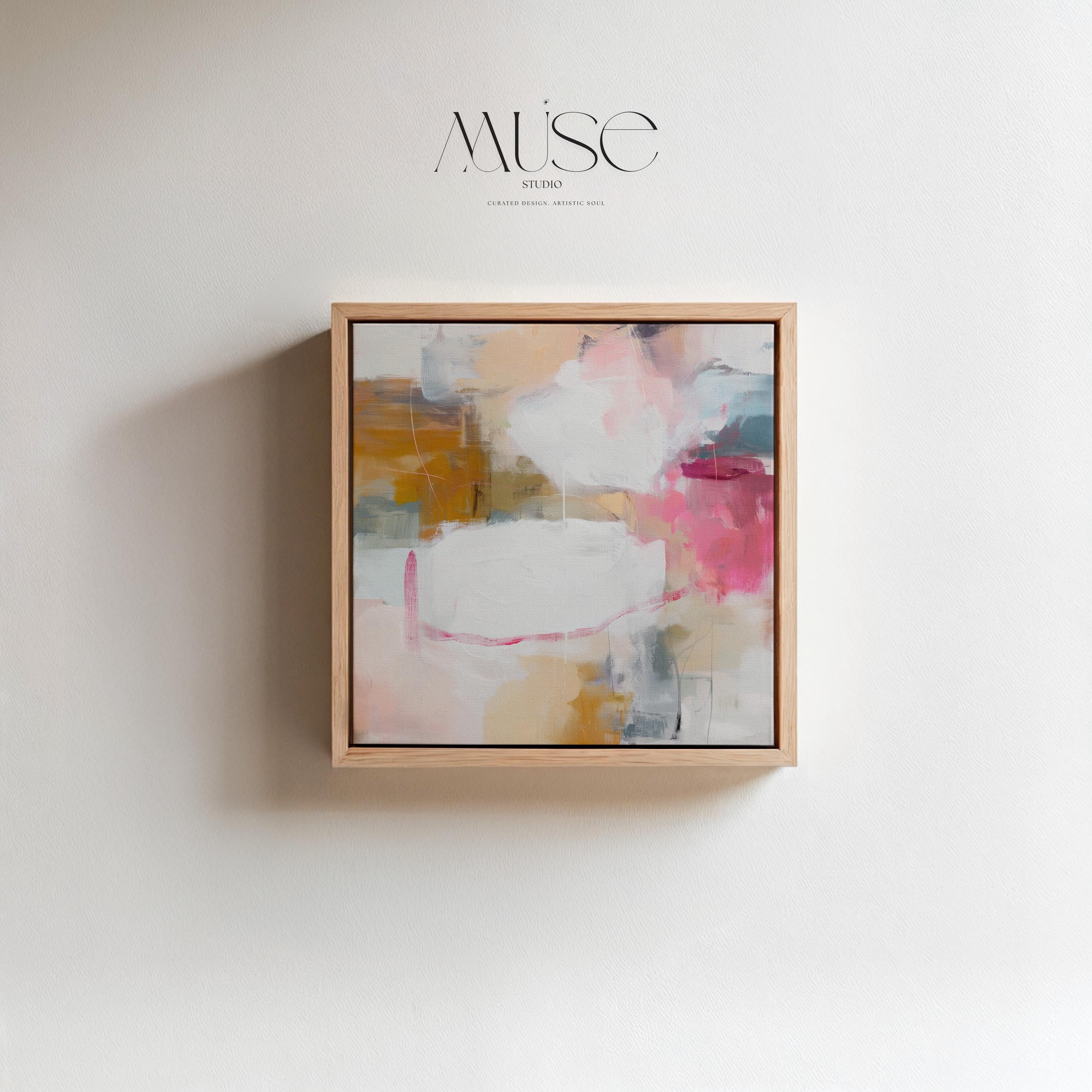 Square framed abstract wall art in pink, ochre, white, and teal tones with soft layered brushwork. The gentle interplay of warm and cool hues creates balance and light, ideal for pastel botanical or soft contemporary interiors. Perfect for living rooms, bedrooms, or studio spaces, this framed artwork features clean lines and a warm wood finish, ready to hang with a refined, gallery-style presentation.