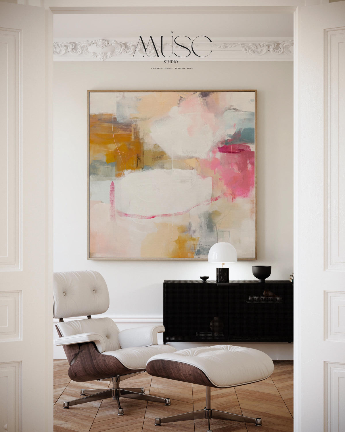 Square framed abstract wall art in pink, ochre, white, and teal tones with soft layered brushwork. The gentle interplay of warm and cool hues creates balance and light, ideal for pastel botanical or soft contemporary interiors. Perfect for living rooms, bedrooms, or studio spaces, this framed artwork features clean lines and a warm wood finish, ready to hang with a refined, gallery-style presentation.