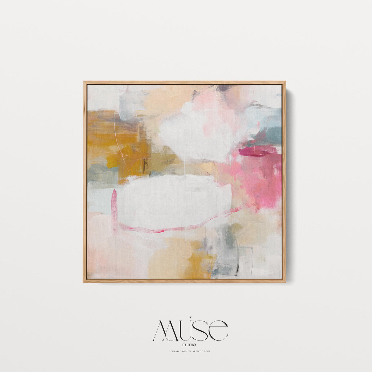 Square framed abstract wall art in pink, ochre, white, and teal tones with soft layered brushwork. The gentle interplay of warm and cool hues creates balance and light, ideal for pastel botanical or soft contemporary interiors. Perfect for living rooms, bedrooms, or studio spaces, this framed artwork features clean lines and a warm wood finish, ready to hang with a refined, gallery-style presentation.