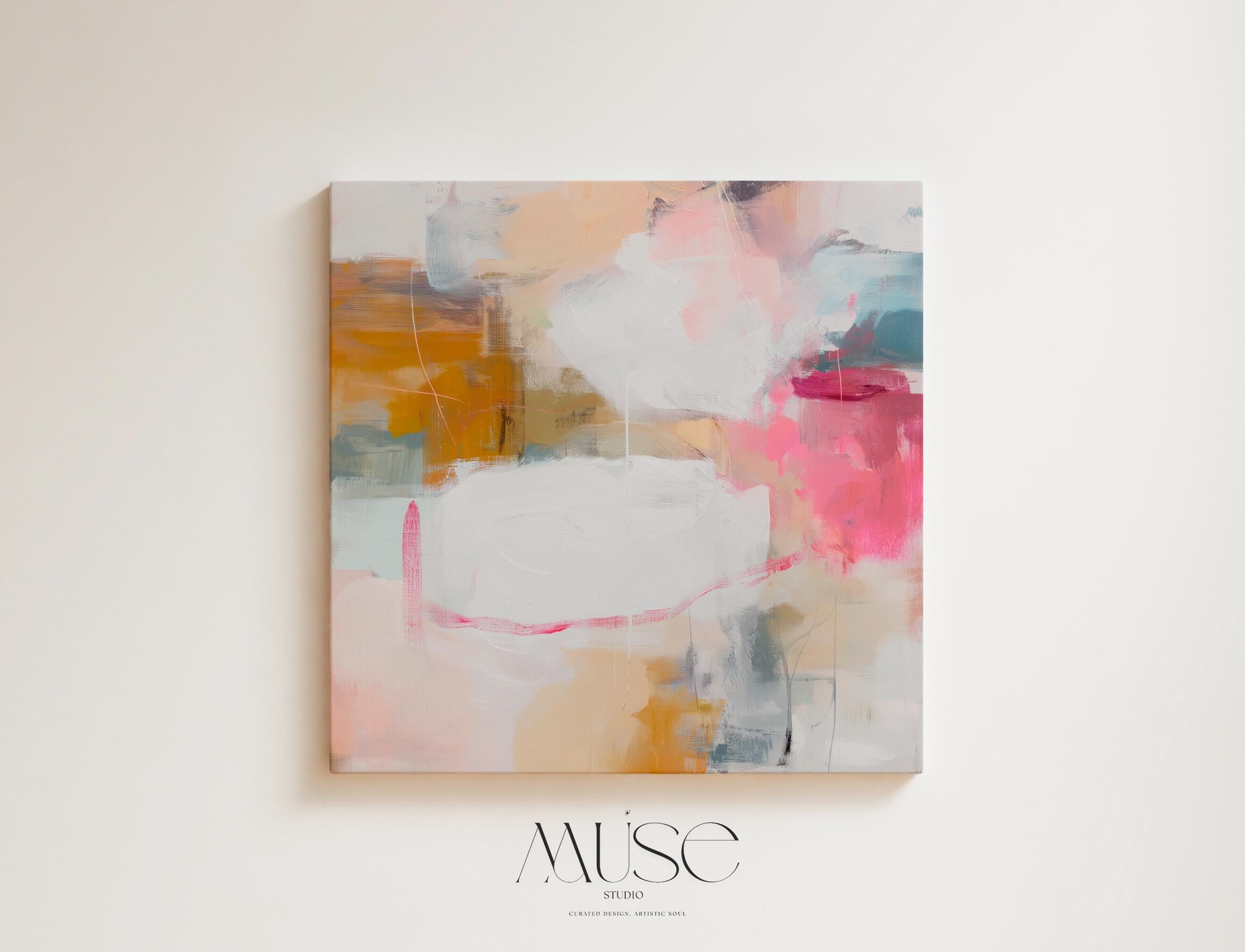 Square abstract canvas wall art in warm pink, ochre, teal, and white tones. The layered brushwork and soft composition bring light and warmth to soft contemporary or pastel botanical interiors. Perfect for living rooms, bedrooms, or modern open spaces, this piece adds refined texture and color. Gallery-wrapped canvas wall art with a smooth, fine-textured finish, ready to hang for a clean, designer look.