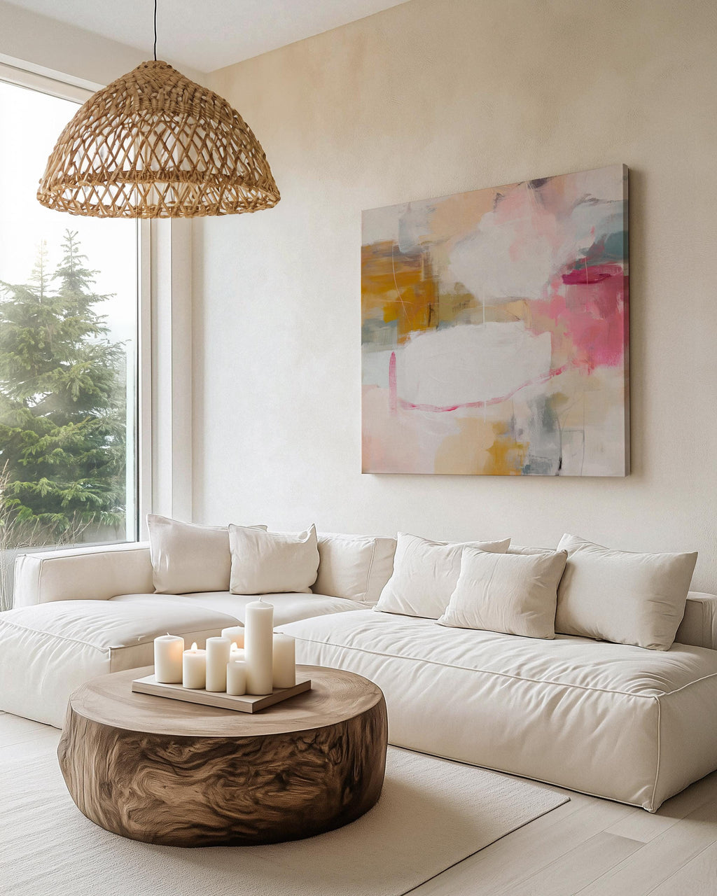 Square abstract canvas wall art in warm pink, ochre, teal, and white tones. The layered brushwork and soft composition bring light and warmth to soft contemporary or pastel botanical interiors. Perfect for living rooms, bedrooms, or modern open spaces, this piece adds refined texture and color. Gallery-wrapped canvas wall art with a smooth, fine-textured finish, ready to hang for a clean, designer look.