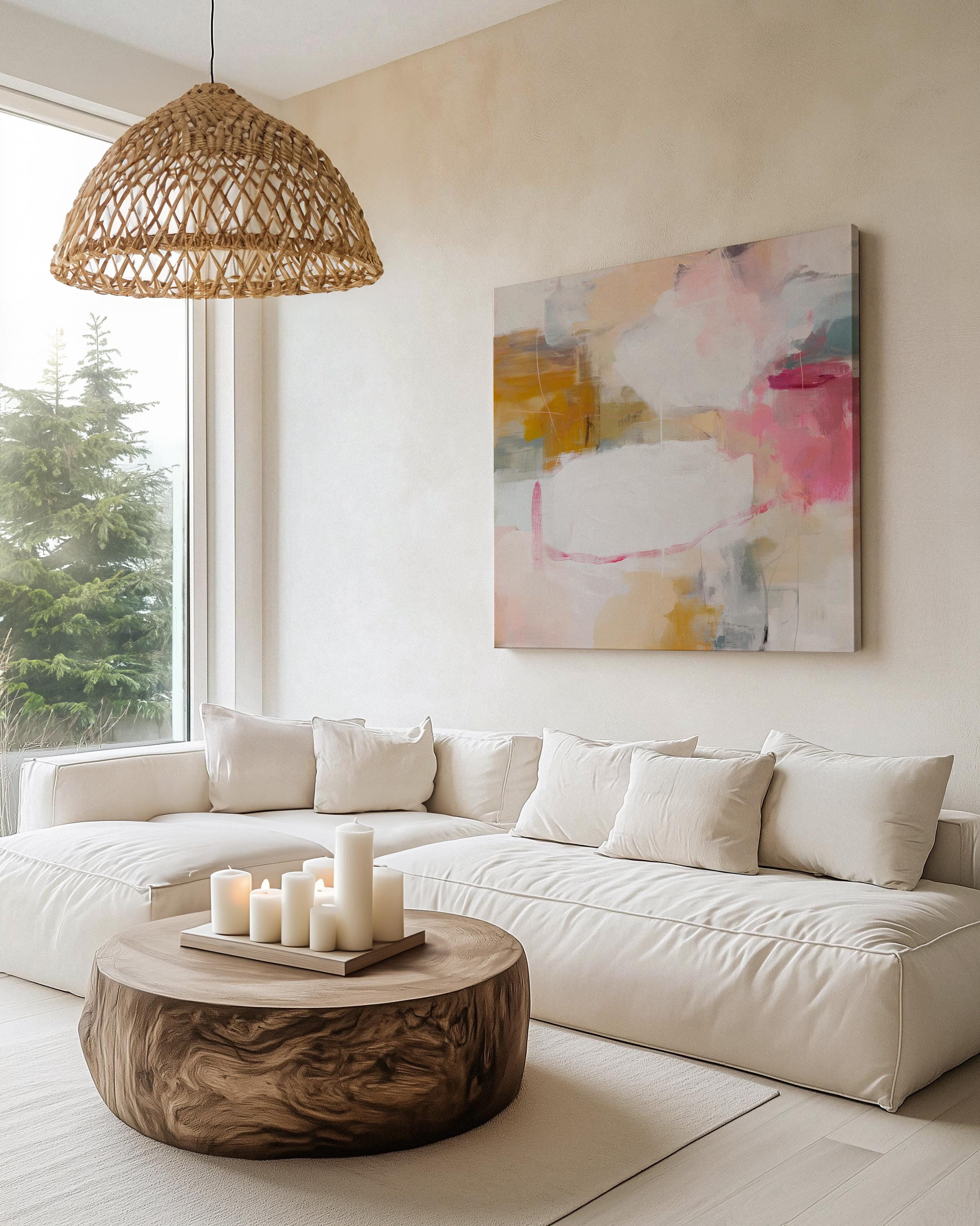 Square abstract canvas wall art in warm pink, ochre, teal, and white tones. The layered brushwork and soft composition bring light and warmth to soft contemporary or pastel botanical interiors. Perfect for living rooms, bedrooms, or modern open spaces, this piece adds refined texture and color. Gallery-wrapped canvas wall art with a smooth, fine-textured finish, ready to hang for a clean, designer look.