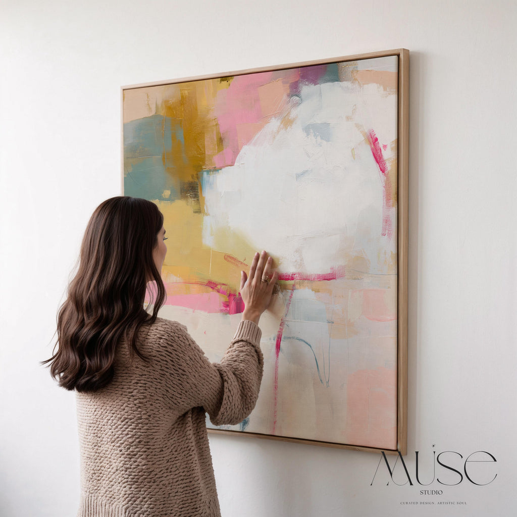 Square abstract wall art in soft pink, mustard, white, and teal tones framed in natural wood and displayed on a clean white wall. Light pastel contemporary artwork with gentle brushwork, ideal for modern living rooms, bedrooms, or designer interiors. Available as framed canvas or giclée print by Muse Studio.