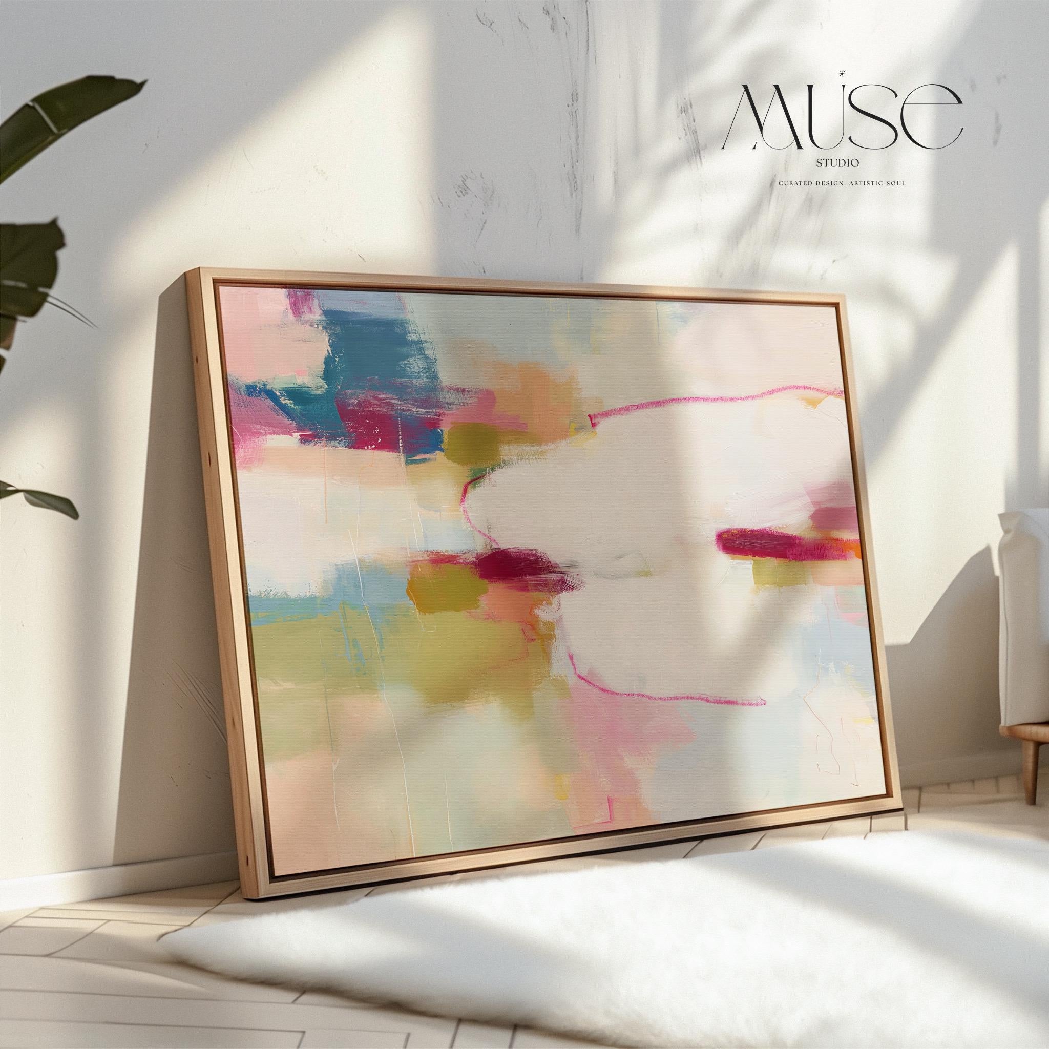 Horizontal abstract canvas wall art in pink, ivory, moss green, and coral tones. Gentle color blending and layered texture create a calm, balanced aesthetic ideal for soft contemporary interiors. Perfect above a sofa, bed, or in an office, this artwork adds warmth and refined style. Gallery-wrapped canvas wall art with a fine-textured surface, ready to hang for a clean, polished finish.