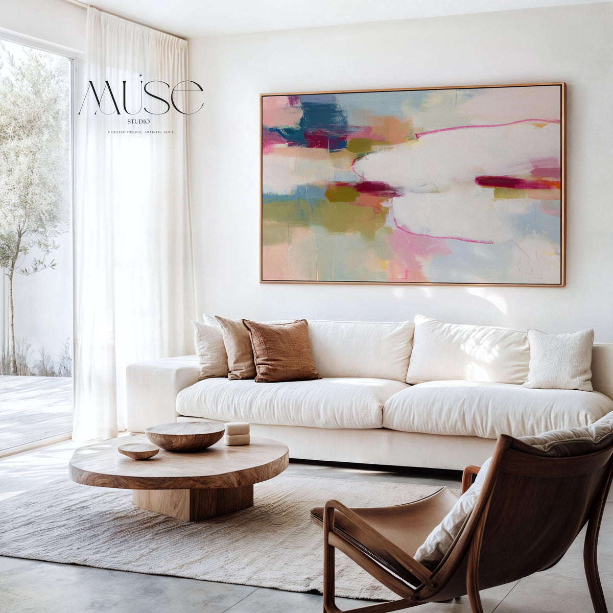 Horizontal abstract canvas wall art in pink, ivory, moss green, and coral tones. Gentle color blending and layered texture create a calm, balanced aesthetic ideal for soft contemporary interiors. Perfect above a sofa, bed, or in an office, this artwork adds warmth and refined style. Gallery-wrapped canvas wall art with a fine-textured surface, ready to hang for a clean, polished finish.